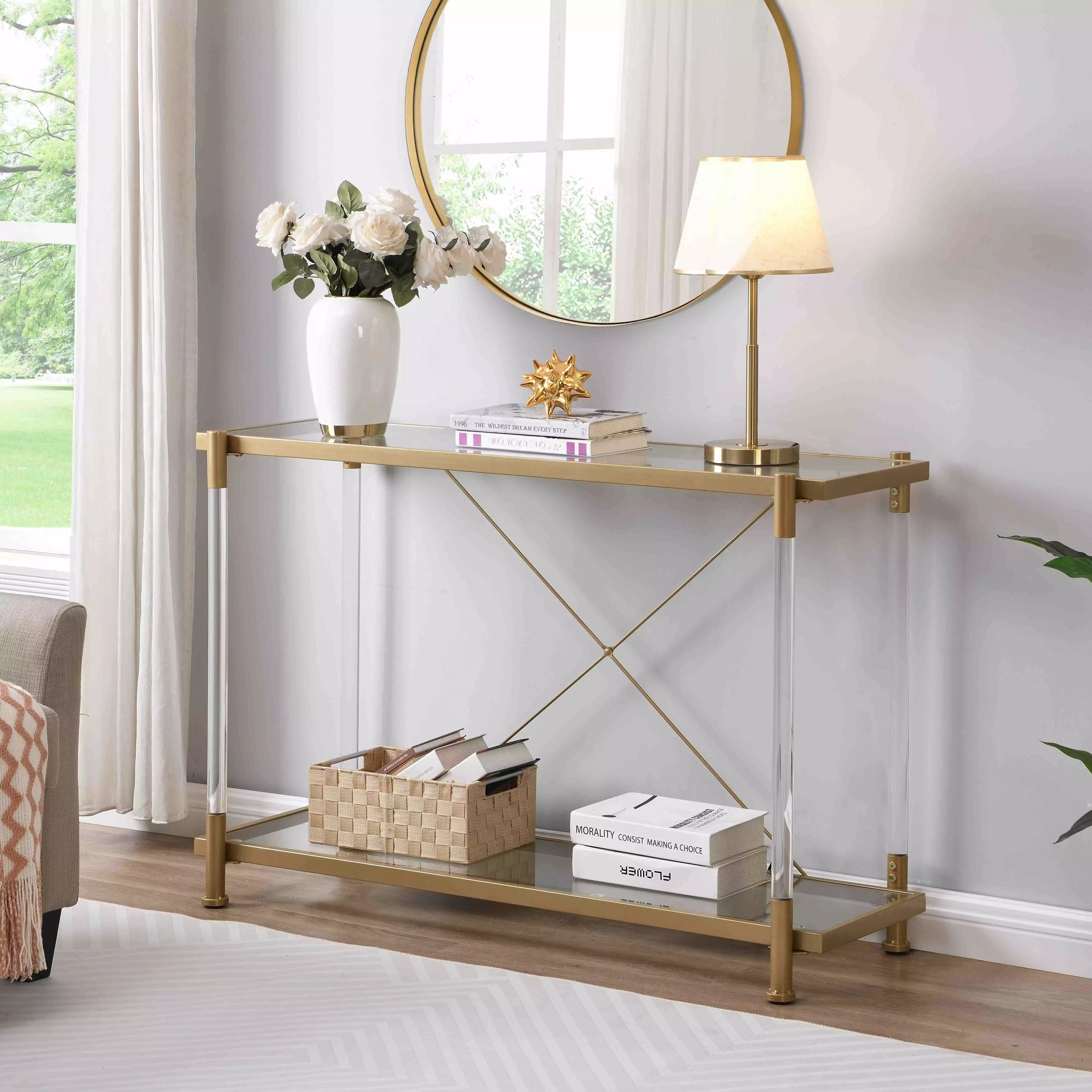 43.31 Inch Golden Glass Sofa Table Acrylic Side Table Console Table Living Room & Bedroom Console DOLIHOME