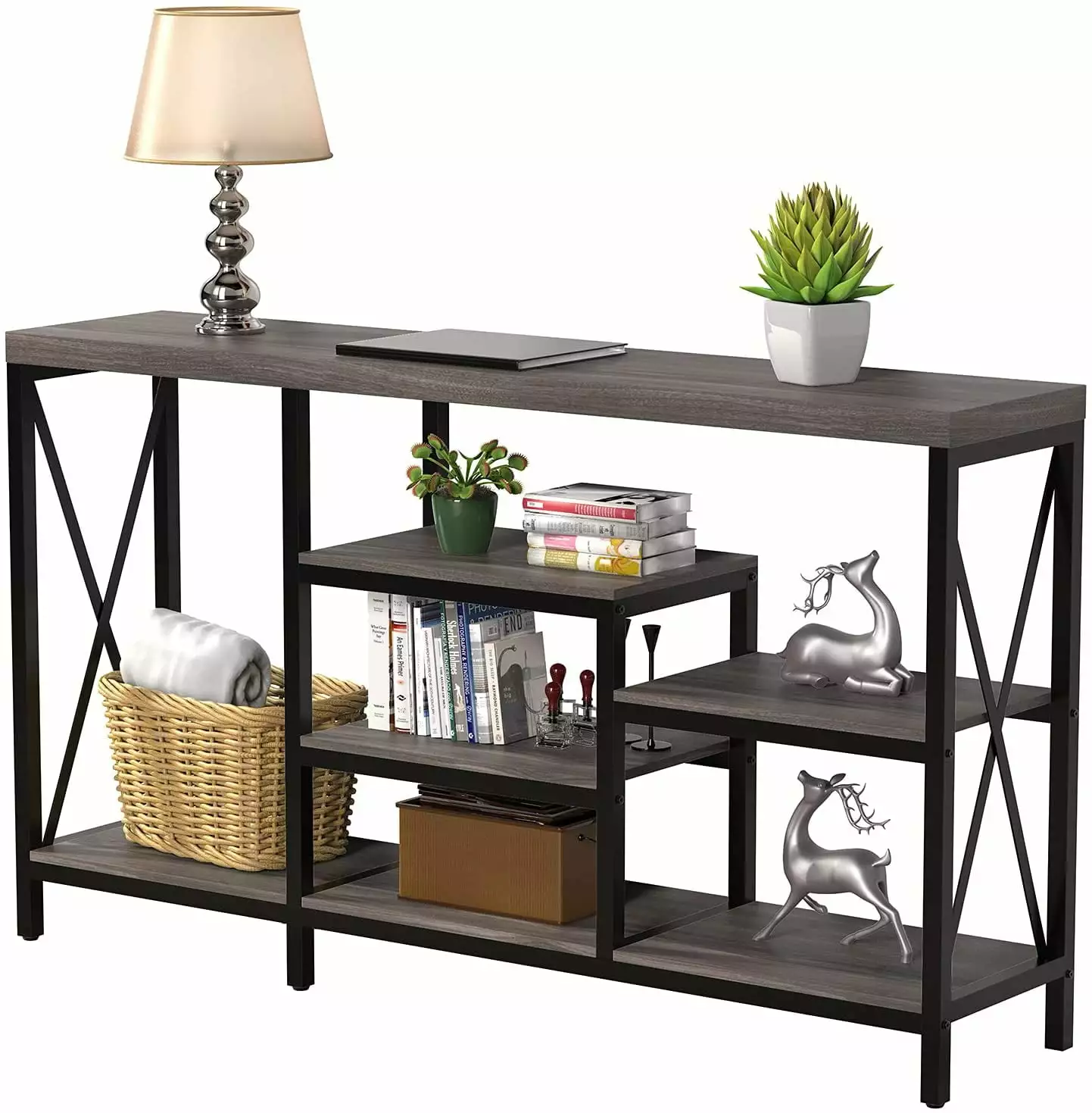 Duerer 55 Inch Gray Industrial Wood Entryway Console Table Shelves Living Room Bedroom Console