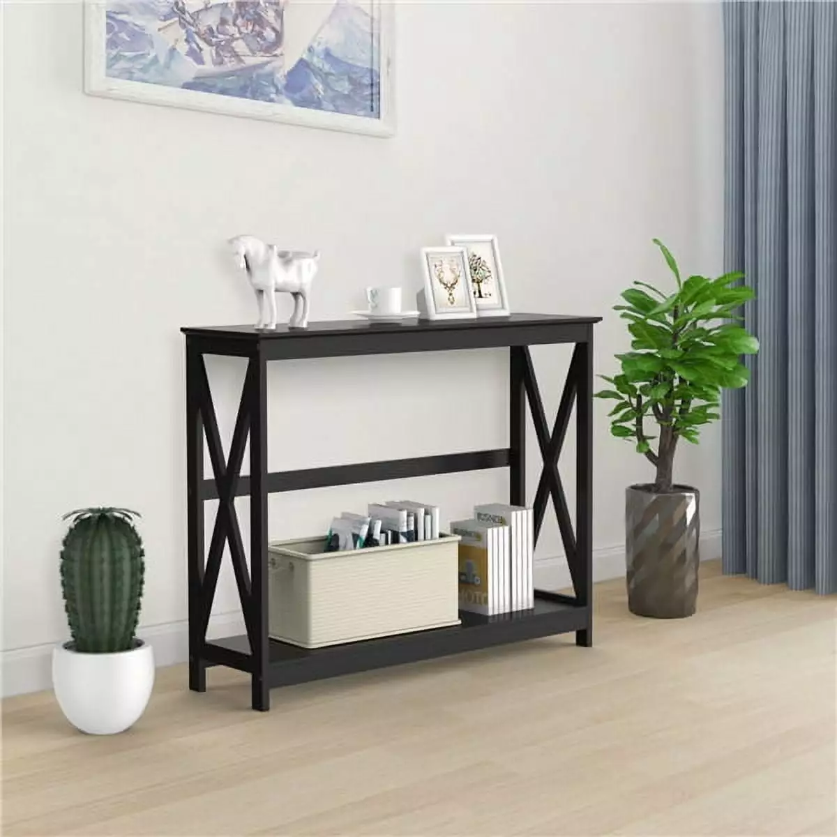 Easyfashion Transitional Wood X-Design Console Table Storage Shelf Black Console