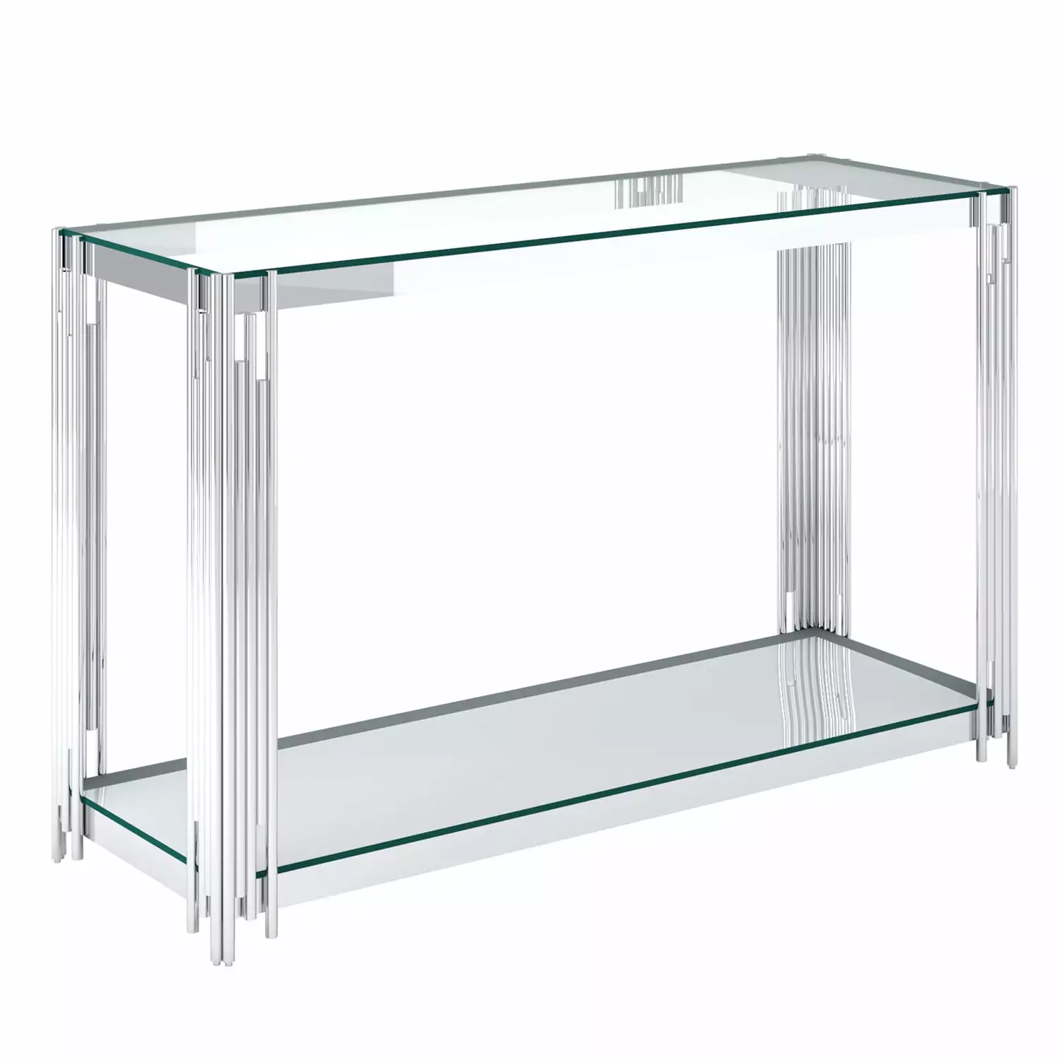 Estrel Glass Top Contemporary Metal Console Table Lower Shelf Silver - Modern Living Room Decor Console