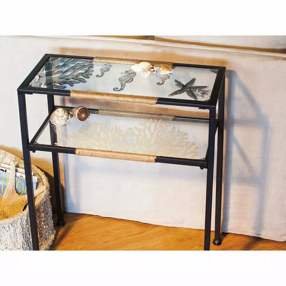 Evergreen Enterprises Glass and Metal Sea Shell Console Table - Unique Pen and Ink Design Console