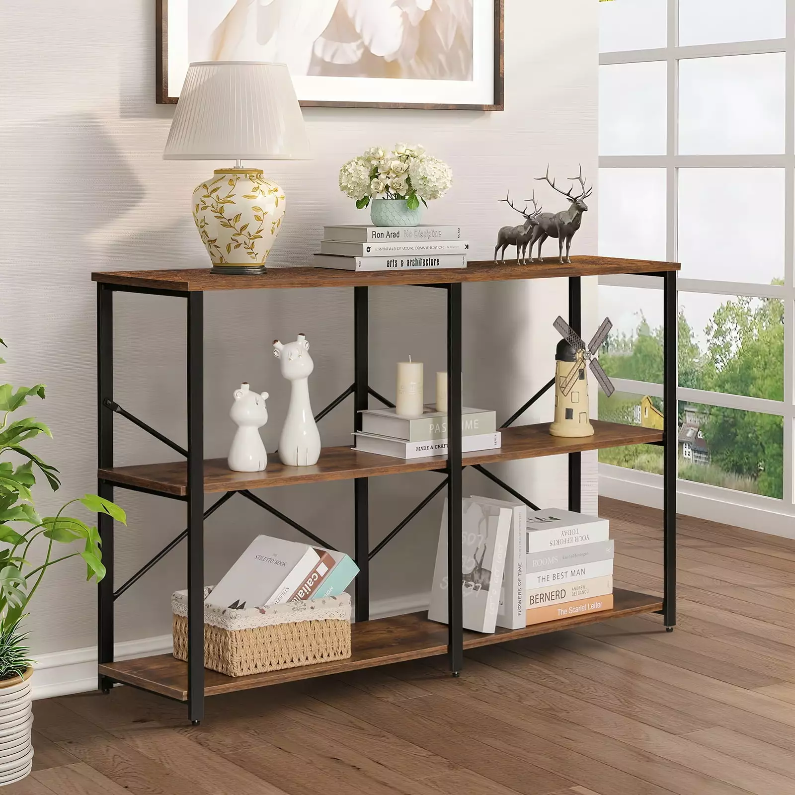 FANGSUM 47 Inch Long Console Table Storage Narrow Sofa Table Metal Frame X-Shaped Design Rustic Brown Console