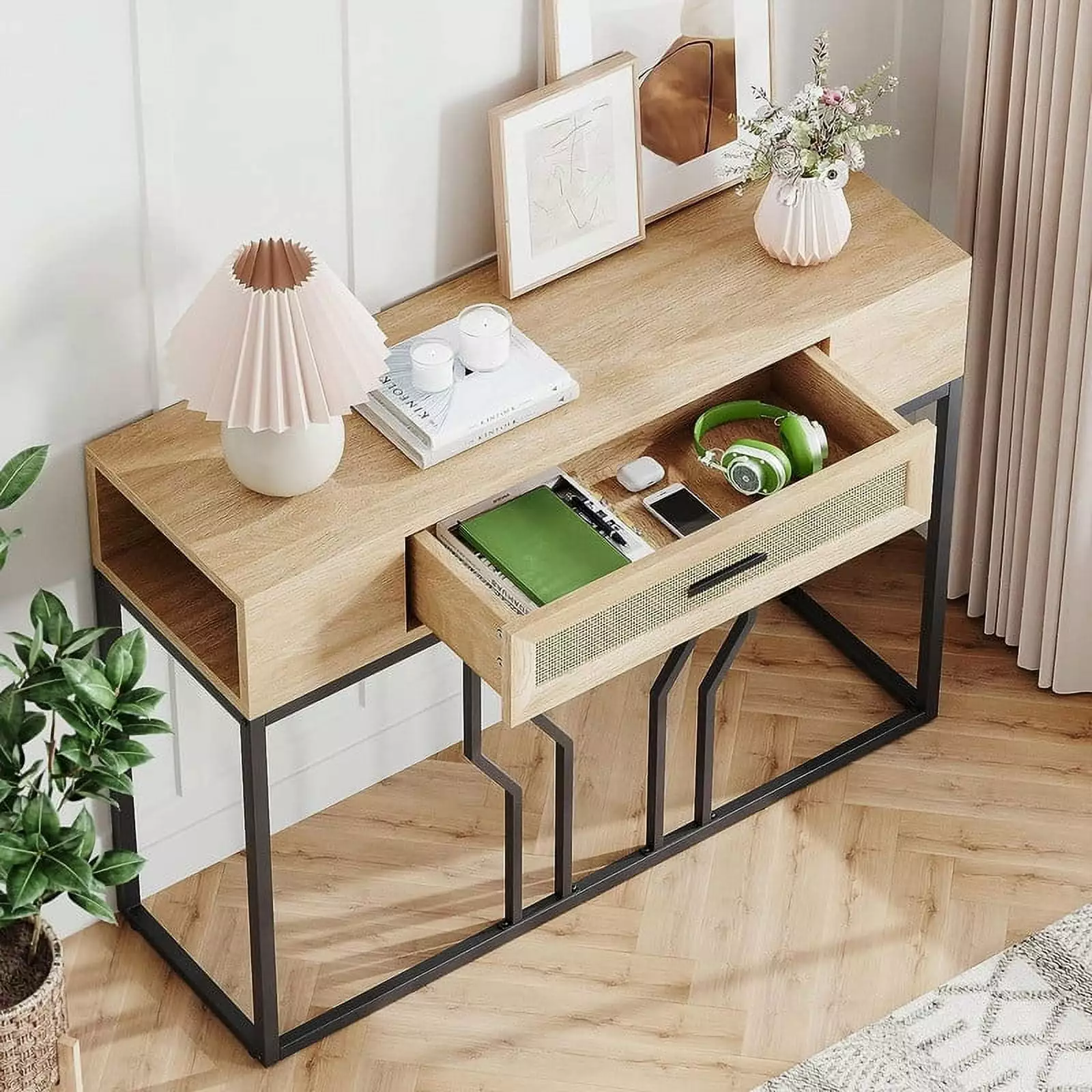 Foldlife Rattan Console Table Drawer and Storage - Narrow Sofa Table Entryway Console