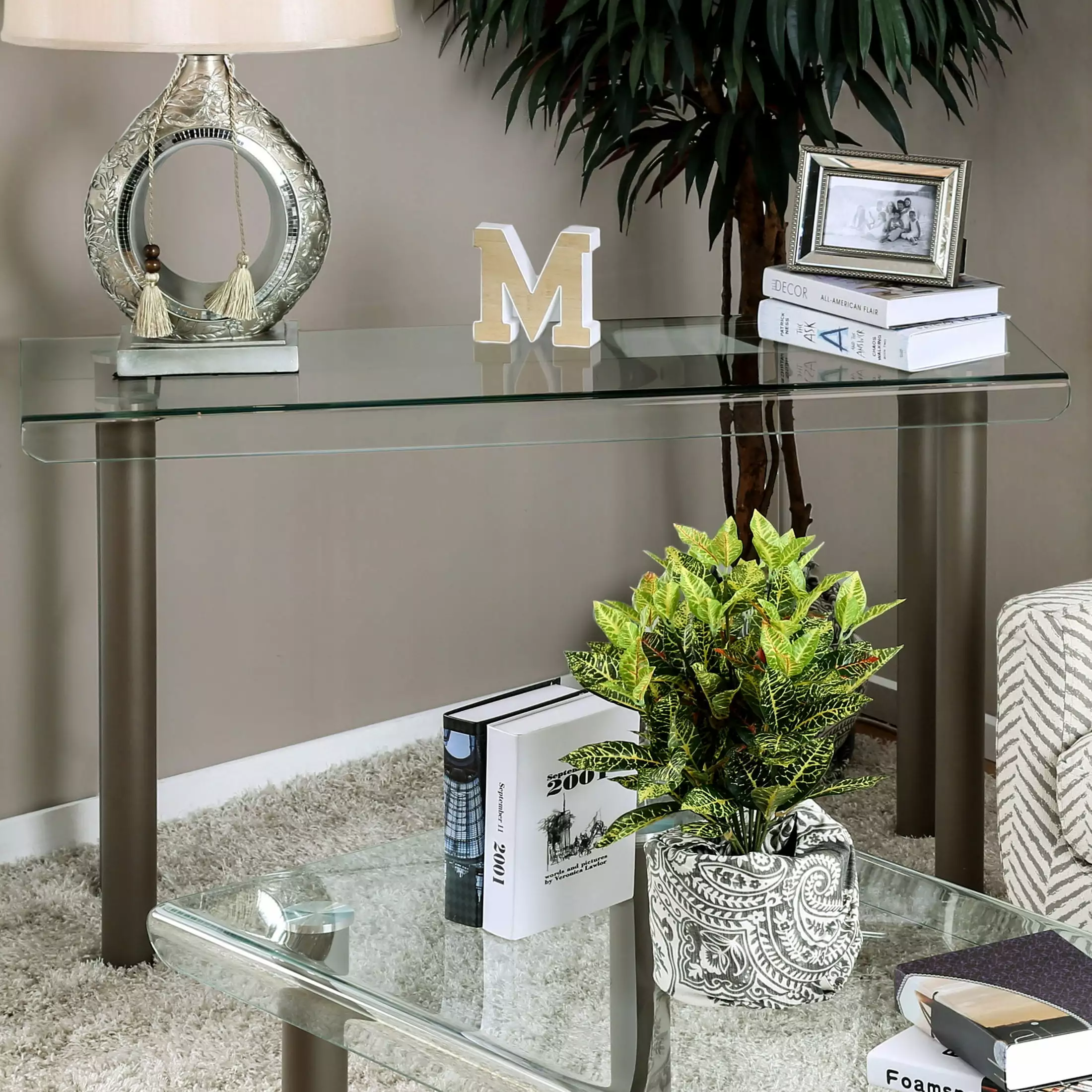 Furniture America Ramey Glass Top Sofa Table Champagne Finish Console