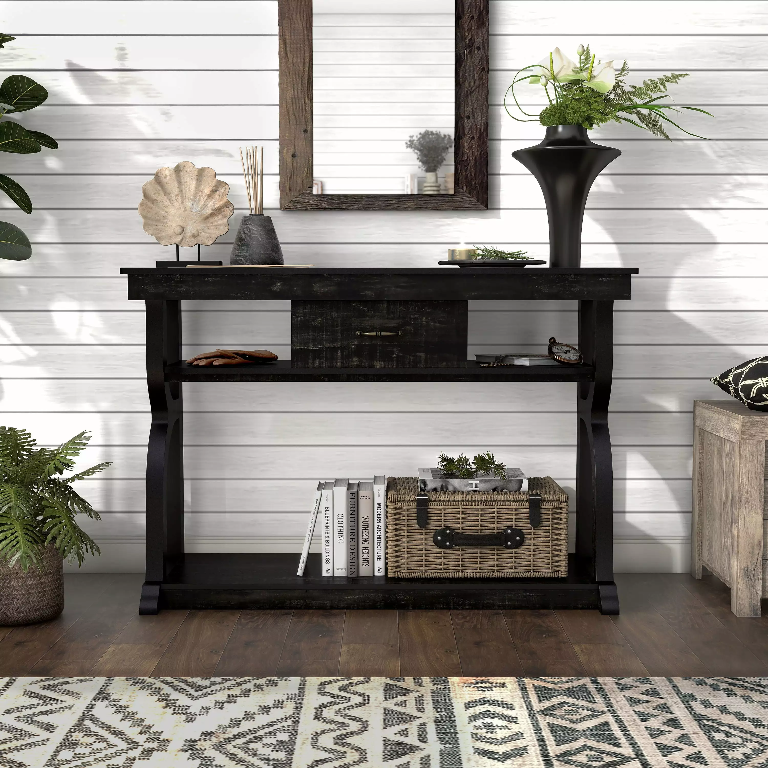 Furniture America Vinny Reclaimed Black Oak Console Table Drawer and Shelf Console
