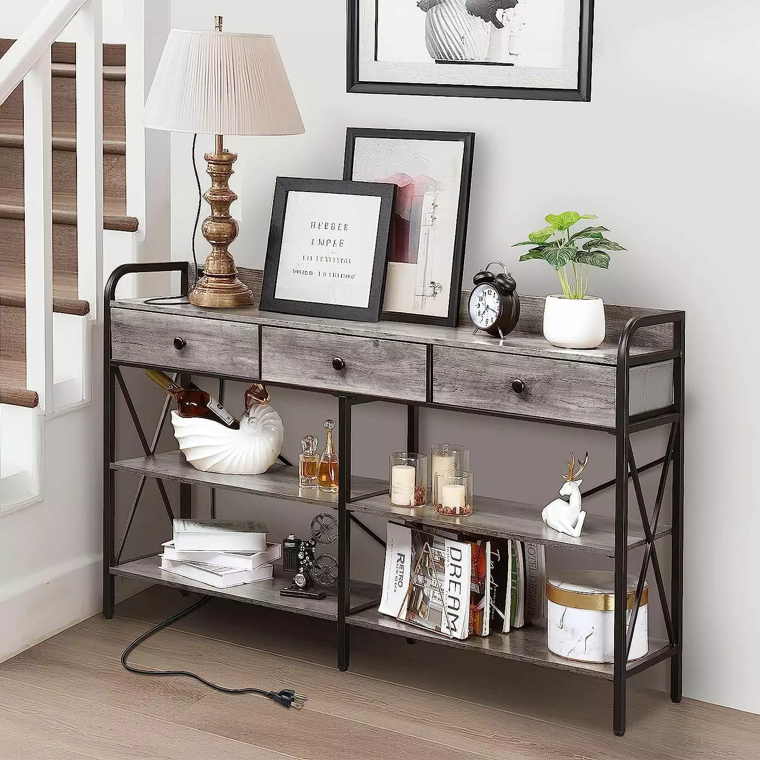 GoDecor 55 Inch Console Table Power Outlet Shelves Living Room Entryway Table Console