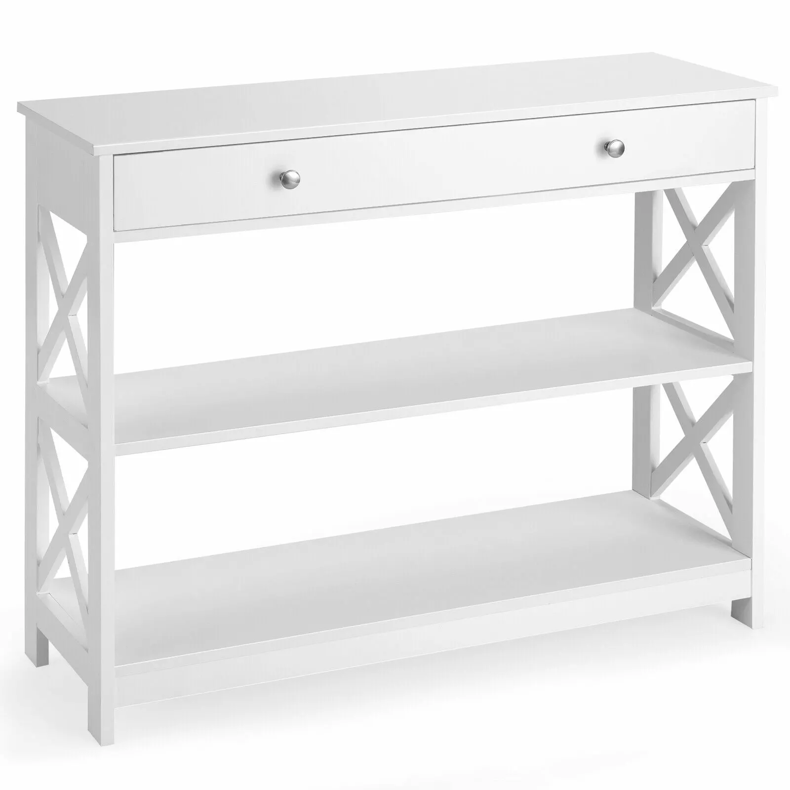 Gymax 3-Tier Console Table Drawer and Shelves White X-Design Sofa Entryway Table Console