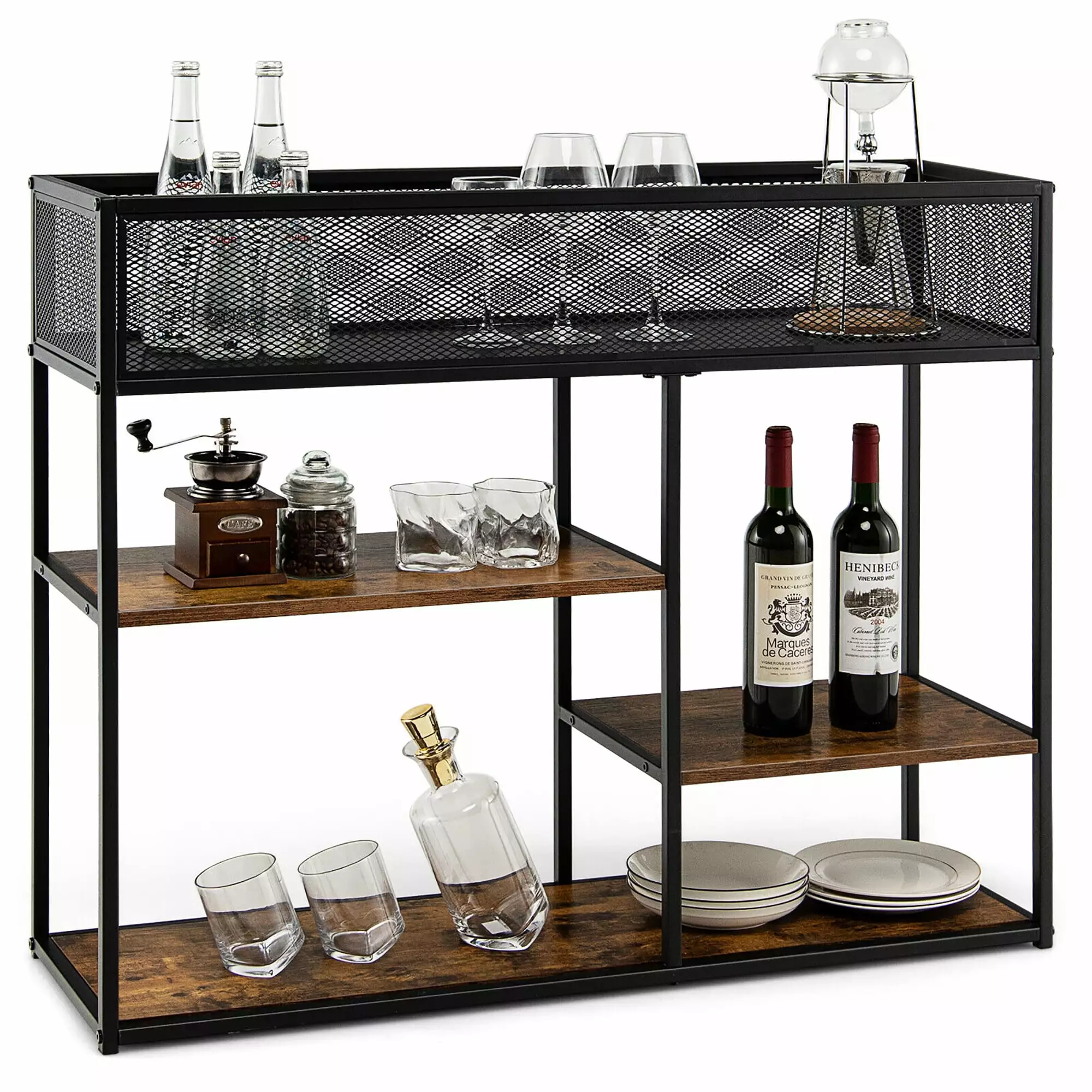 Gymax 4-Tier Industrial Console Table Wire Basket Narrow Sofa Table Shelf Bookcase Console