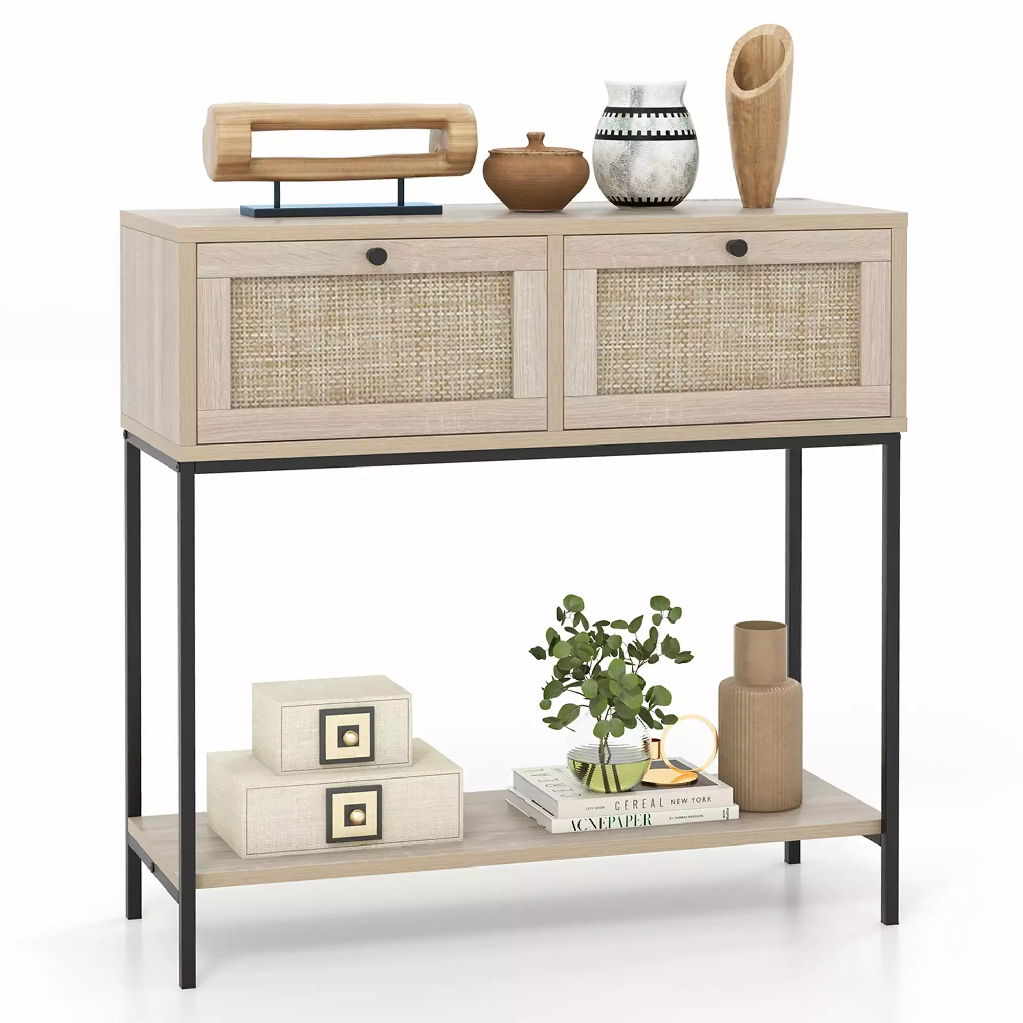 Gymax Console Table Entryway Table Long Sofa Side Table Open Shelf and Rattan Drawers Console