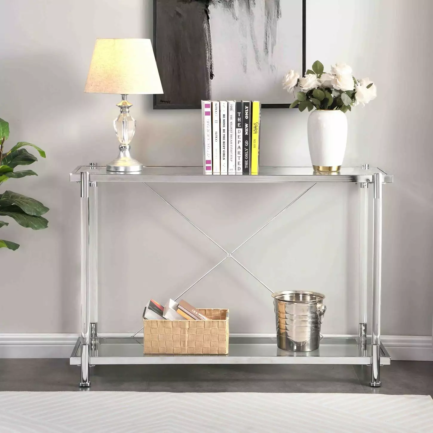 Modern 43.31 Inch Chrome Glass Sofa Table Gilded Metal Frame Living Room Decor Console HATNOKIL
