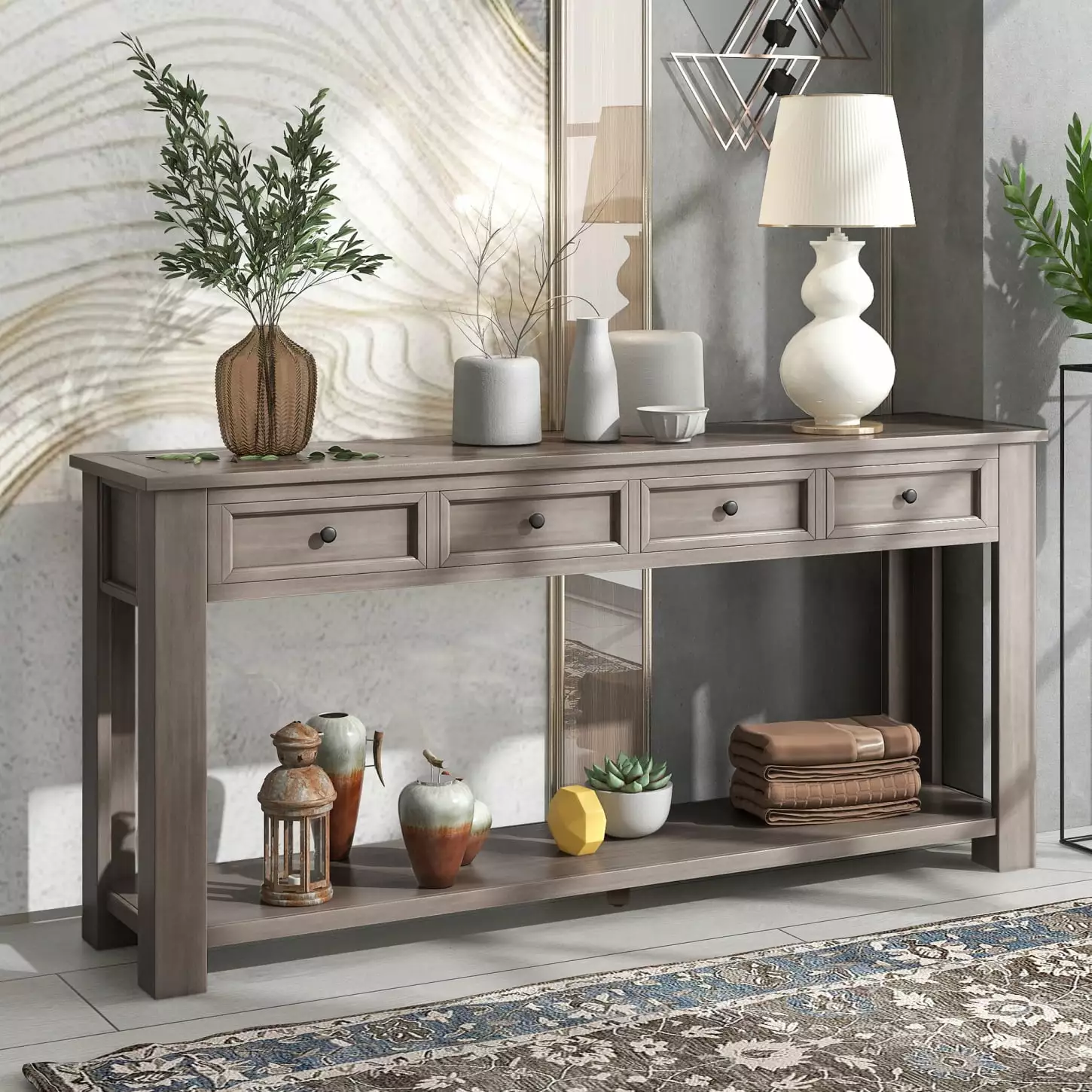 Stylish Gray Wash Solid Wood Console Table Drawers and Bottom Shelf Rustic Chic Sofa Table Console HATNOKIL