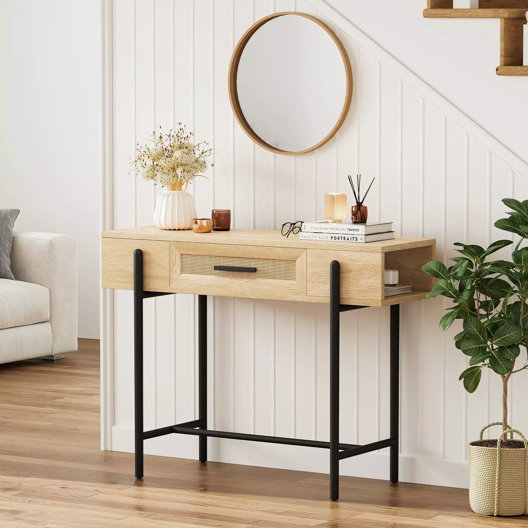 Homefan Rattan Console Table Sofa Tables Narrow Entryway Table Drawer and Storage Console