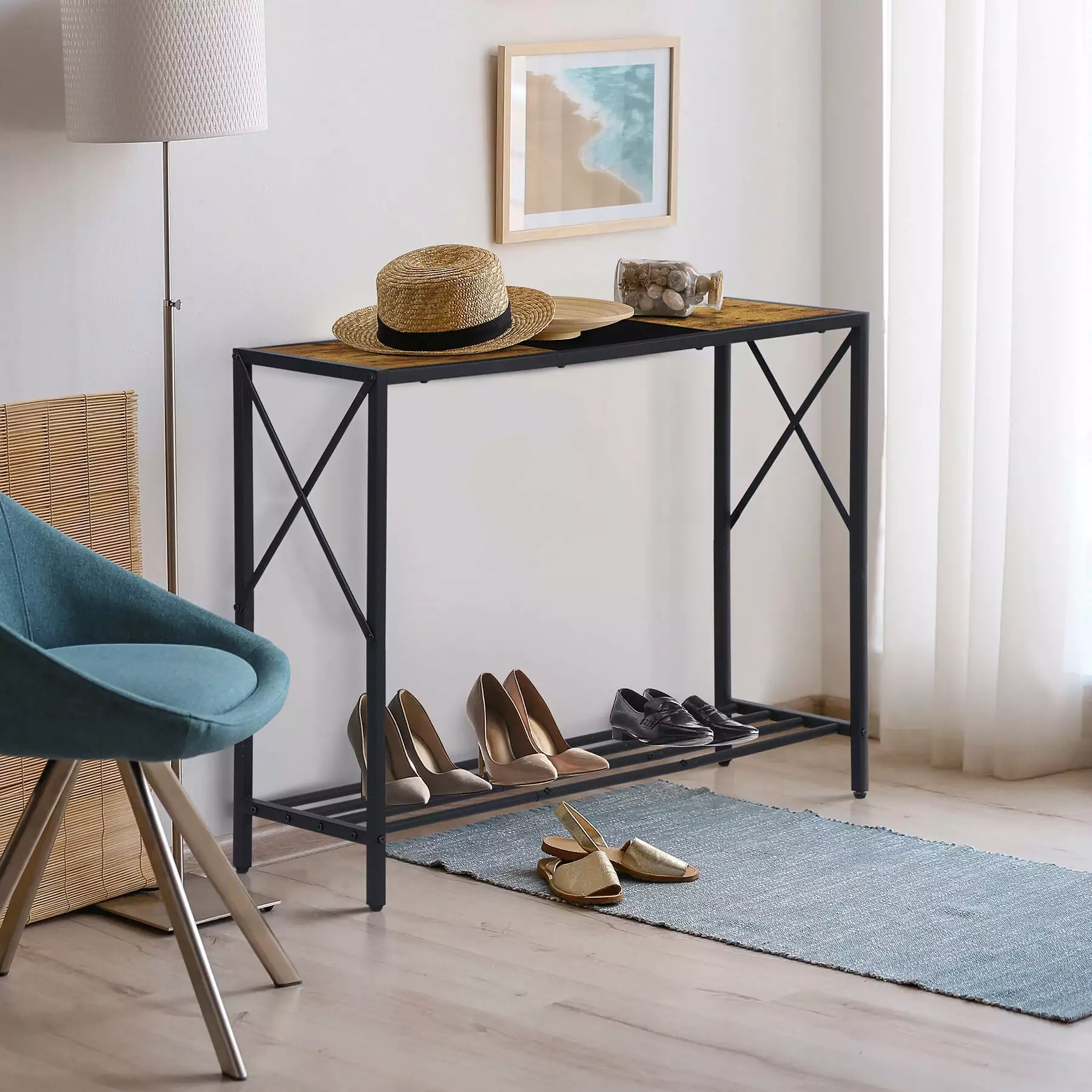 HomGarden Narrow Console Table Industrial MDF Sofa Side Table Shelf Rustic Brown Entryway Hallway Living Room Console