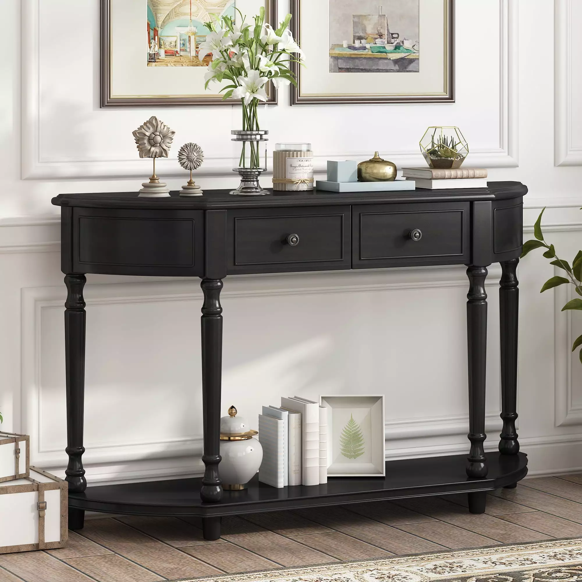 Retro Curved Design Half Moon Shape Console Table 2 Drawers Solid Wooden Frame Console HOMIQUEEN