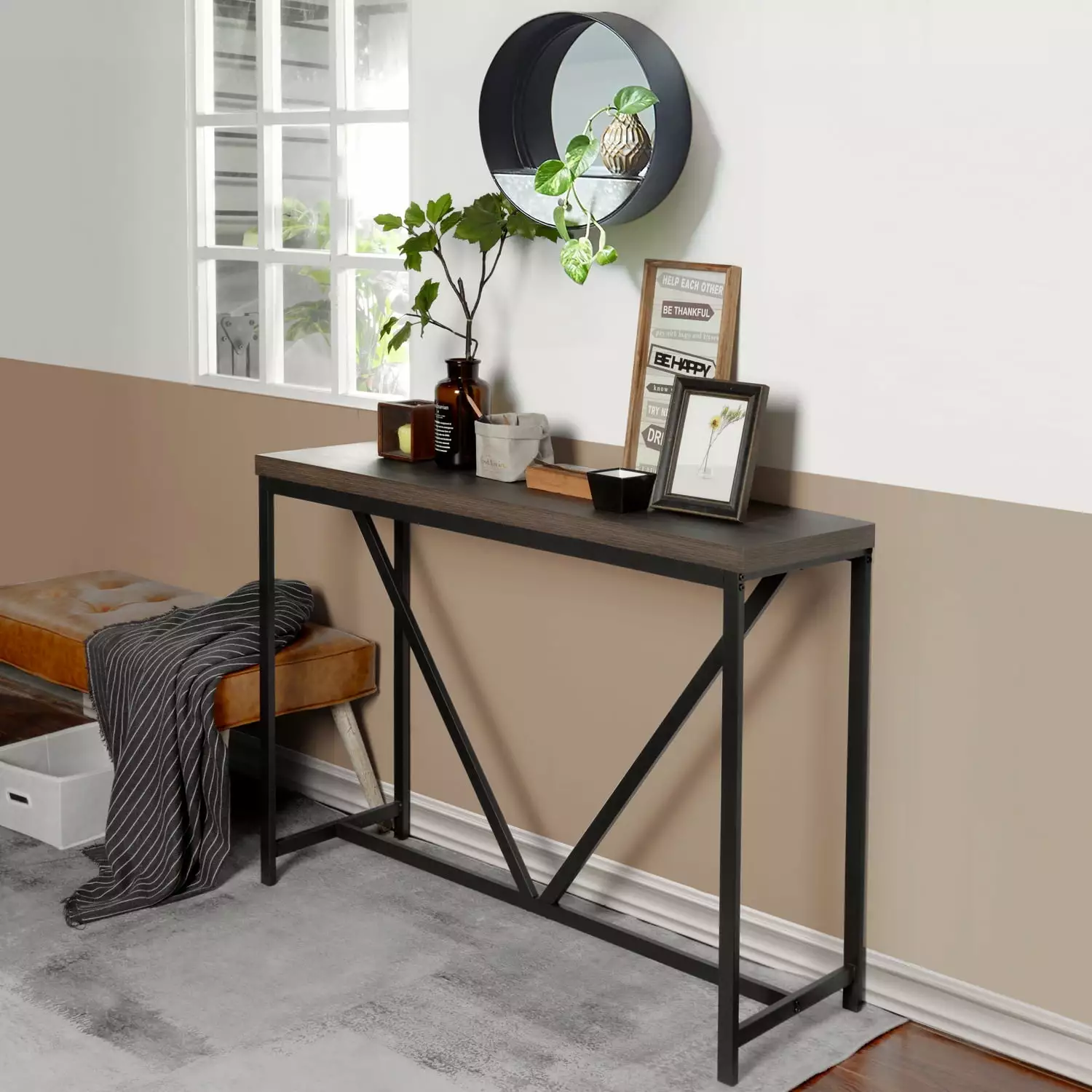 47.3 Inch Thick Top Narrow Table Industrial Style Bar Console Living Room Kitchen Office Hallway Entrance Brown Console Ho...