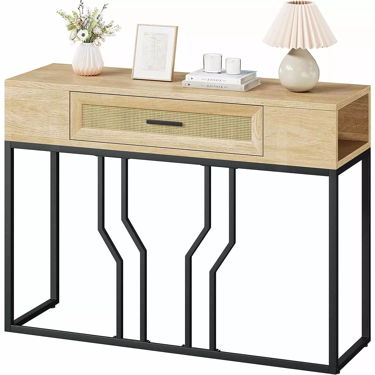 HOSSLLY Rattan Console Table Sofa Tables Narrow Entryway Table Drawer and Storage Wood Console