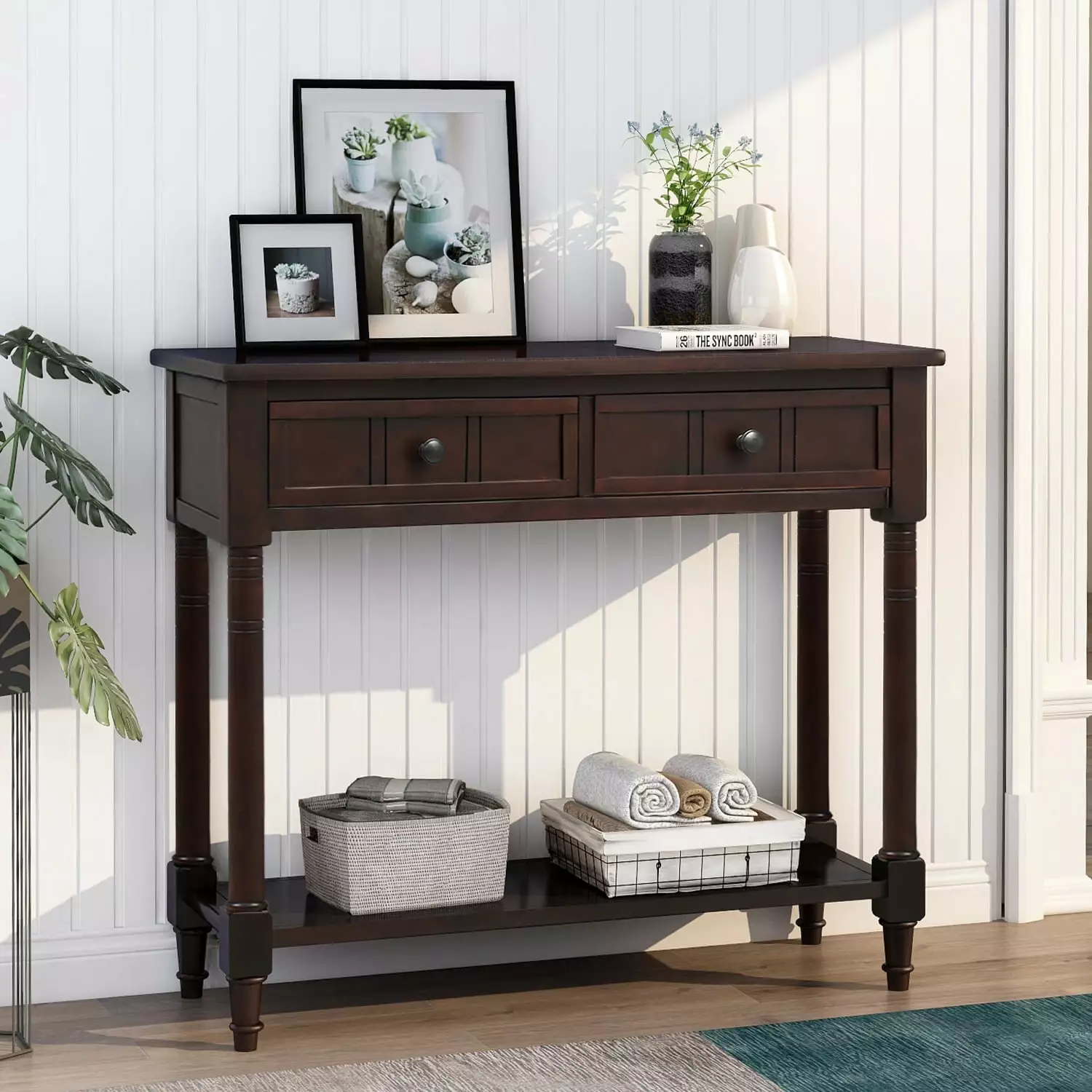 TREXM Daisy Series Console Table Two Drawers and Bottom Shelf - Retro Blue Acacia Mangium Console IM Lashes