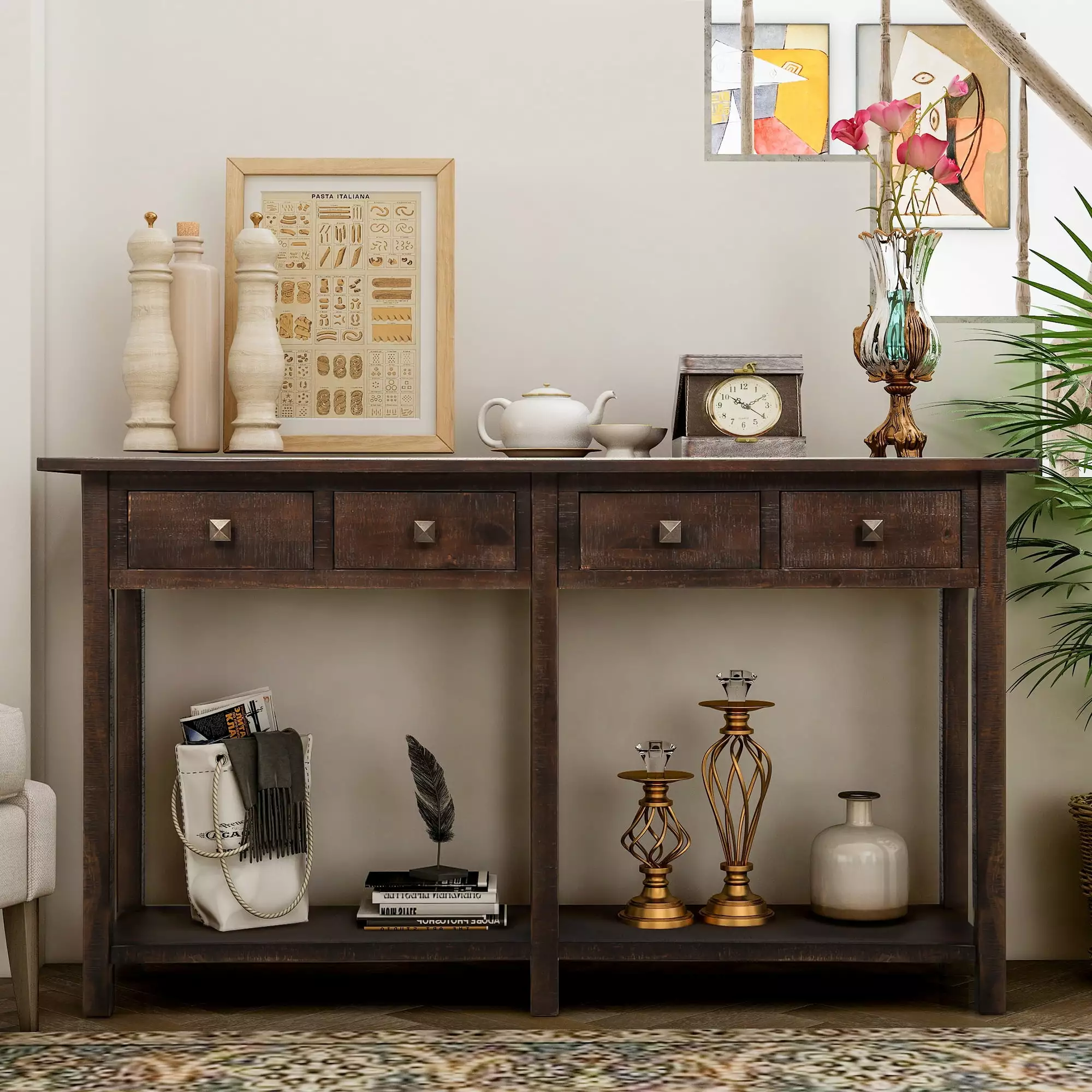 TREXM Rustic Brushed Texture Entryway Console Table Drawers and Bottom Shelf Tiffany Blue Living Room Furniture Console IM...
