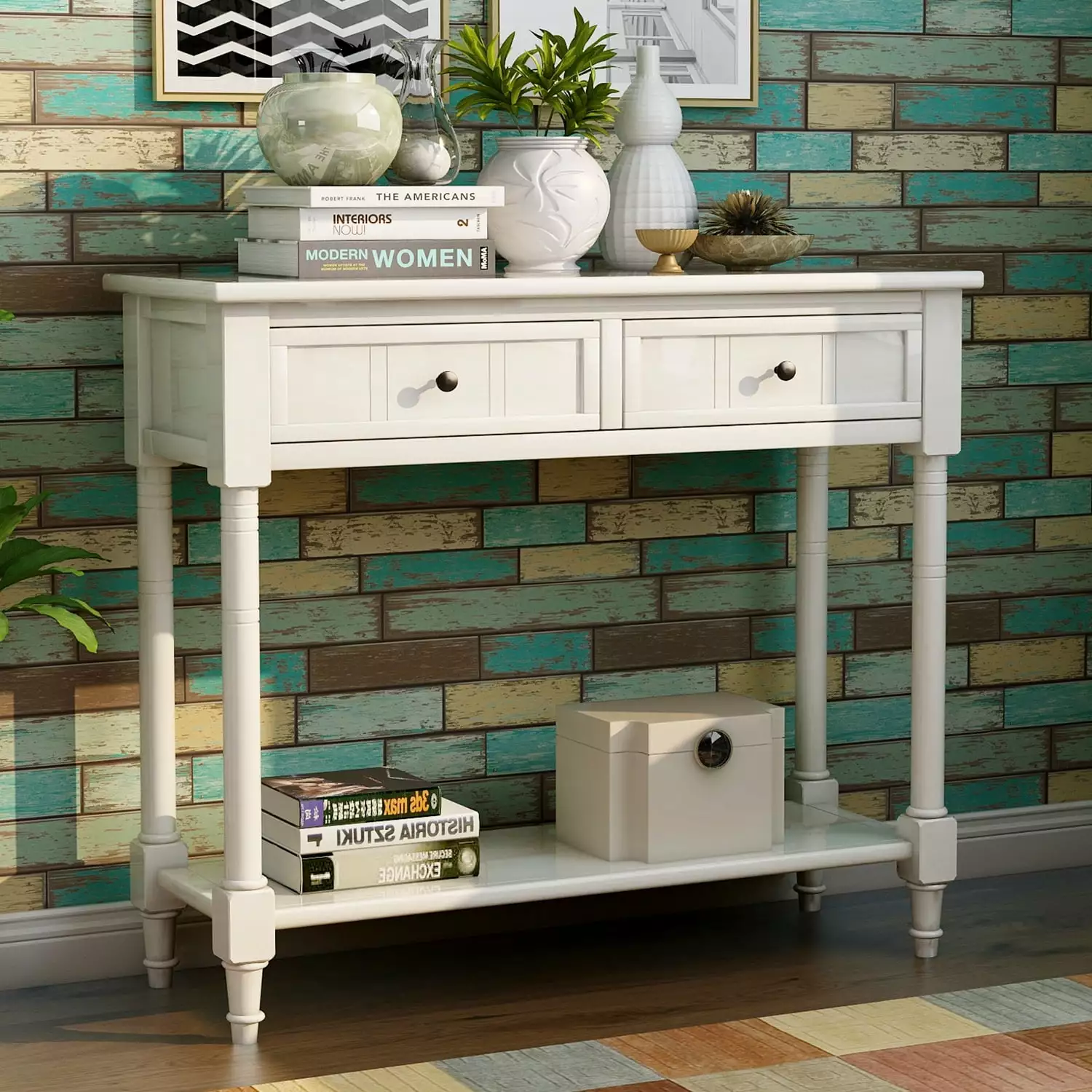 Console Table Traditional Design Two Drawers Bottom Shelf Ivory White Finish Console Jamini