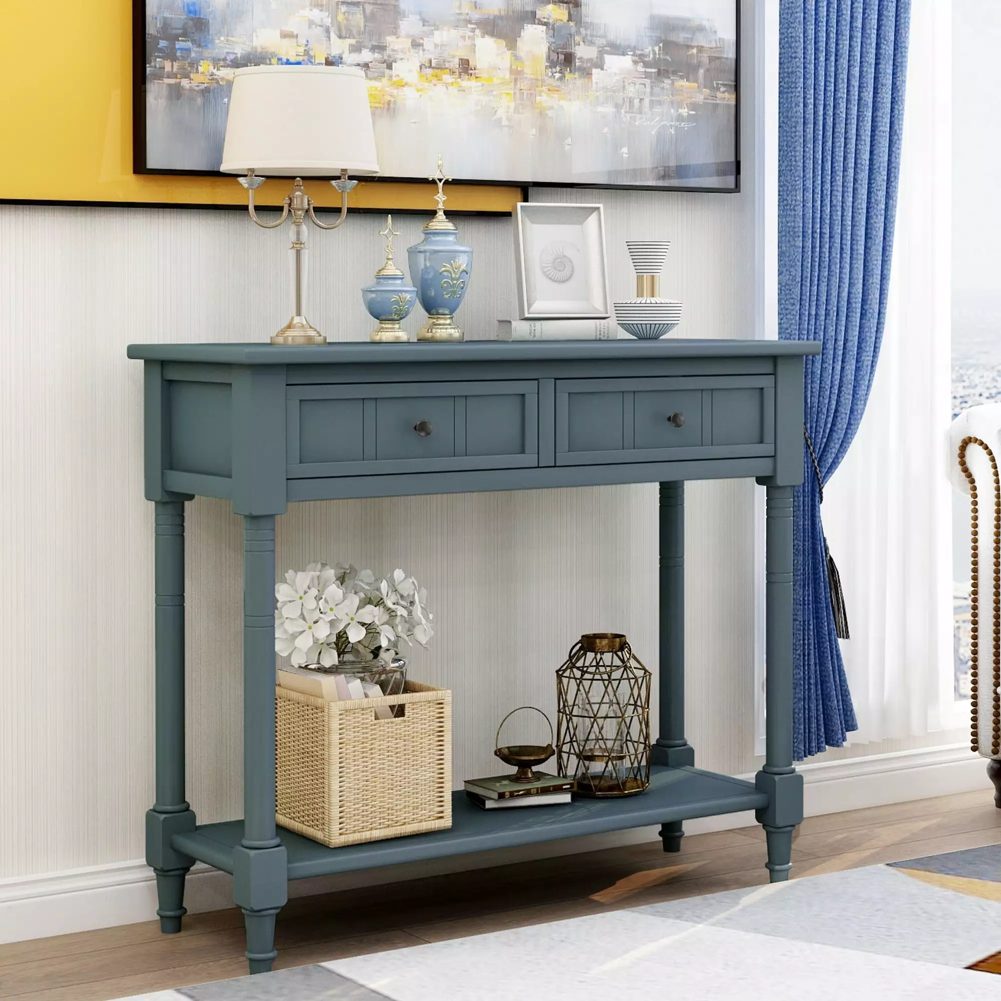 Console Table Traditional Design Two Drawers Bottom Shelf Navy Blue Finish Console Jamini