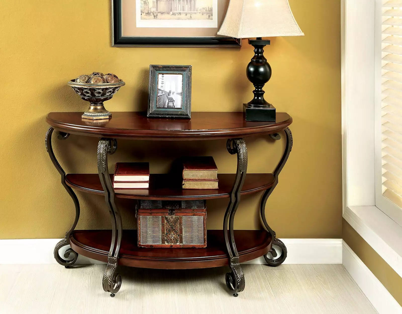 Traditional Style Brown Cherry Sofa Table Open Bottom Shelf Ornate Design Living Room Furniture Console Jamini