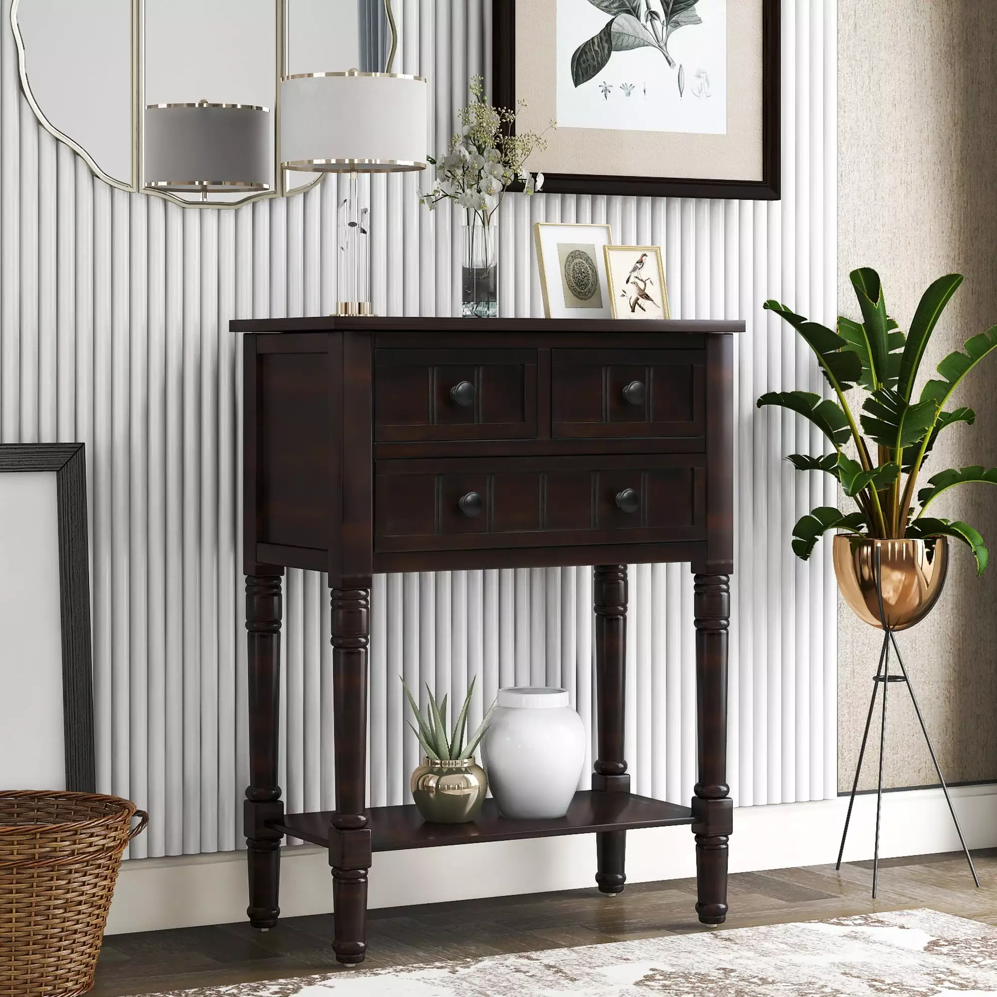 JFBTA Narrow Espresso Console Table Three Drawers Bottom Shelf Living Room Console