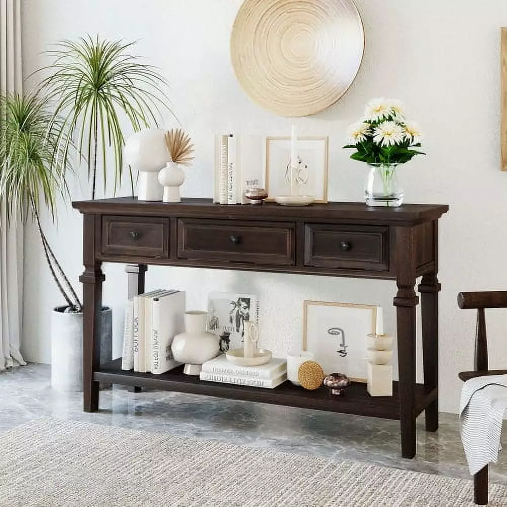 Classic Wood Retro Style Console Table Three Drawers and Open Shelf Espresso Console JINS & VICO