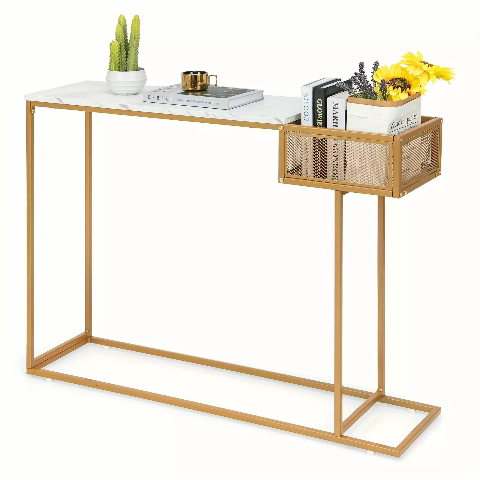 Console Table Storage White Faux Marble Sofa Side Table Gold Metal Frame and Wire Basket Console jq01