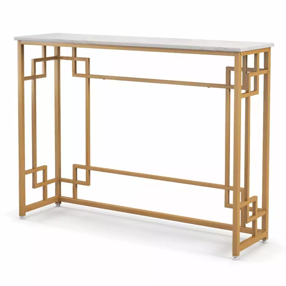 Kadyn Modern White Console Table Geometric Frame and Faux Marble Tabletop Entryway Console