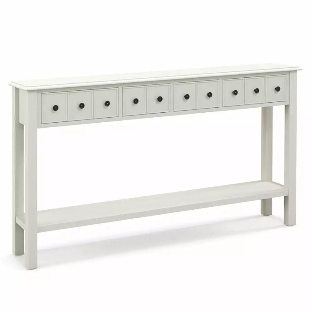 Kepooman 60 Inch Long Console Table 4 Drawers and Open Shelf Narrow Entryway White Console