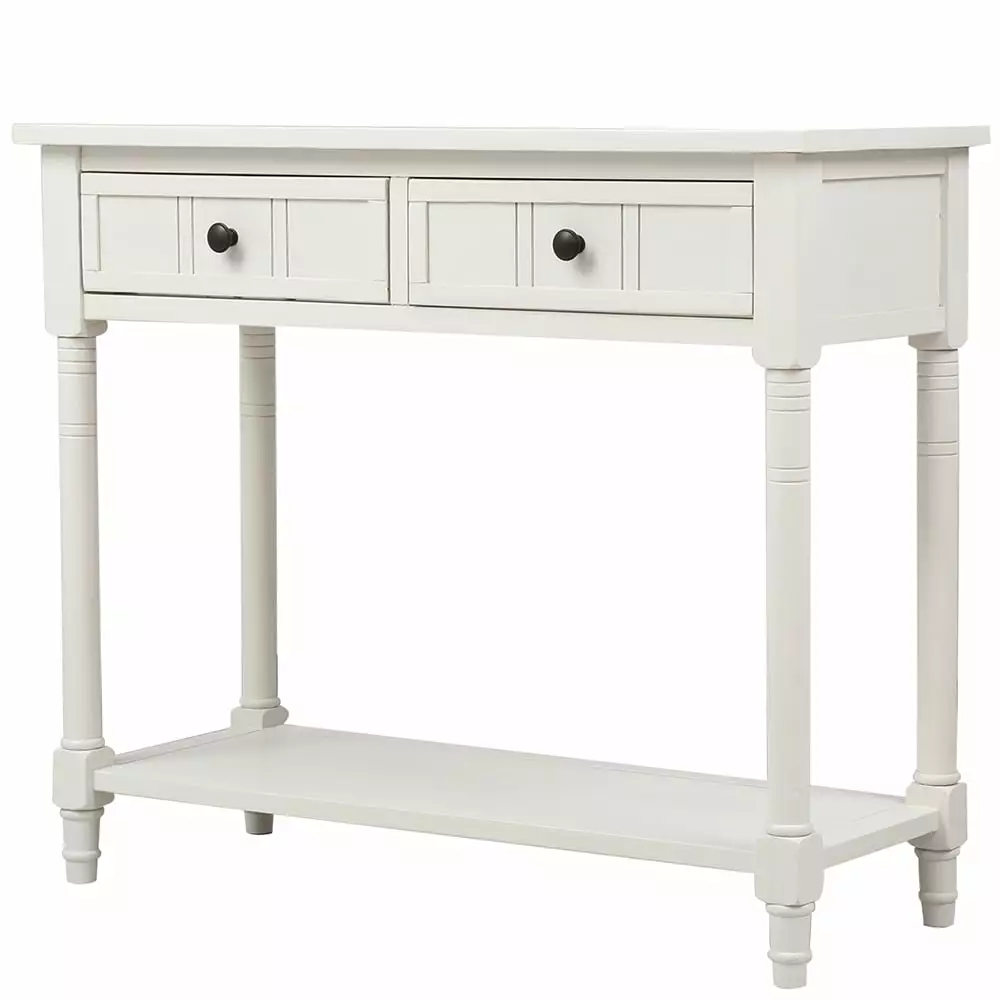 Kepooman Traditional Ivory White Console Table Two Drawers and Bottom Shelf - Natural Wood Sofa Side Table Console