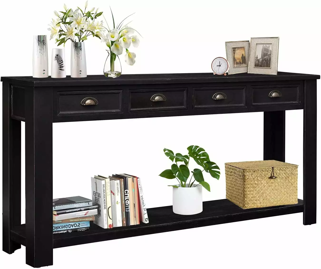 Kinbor 60 Inch Rustic Black Console Table Drawers and Shelf - Entryway Hallway Decor Console