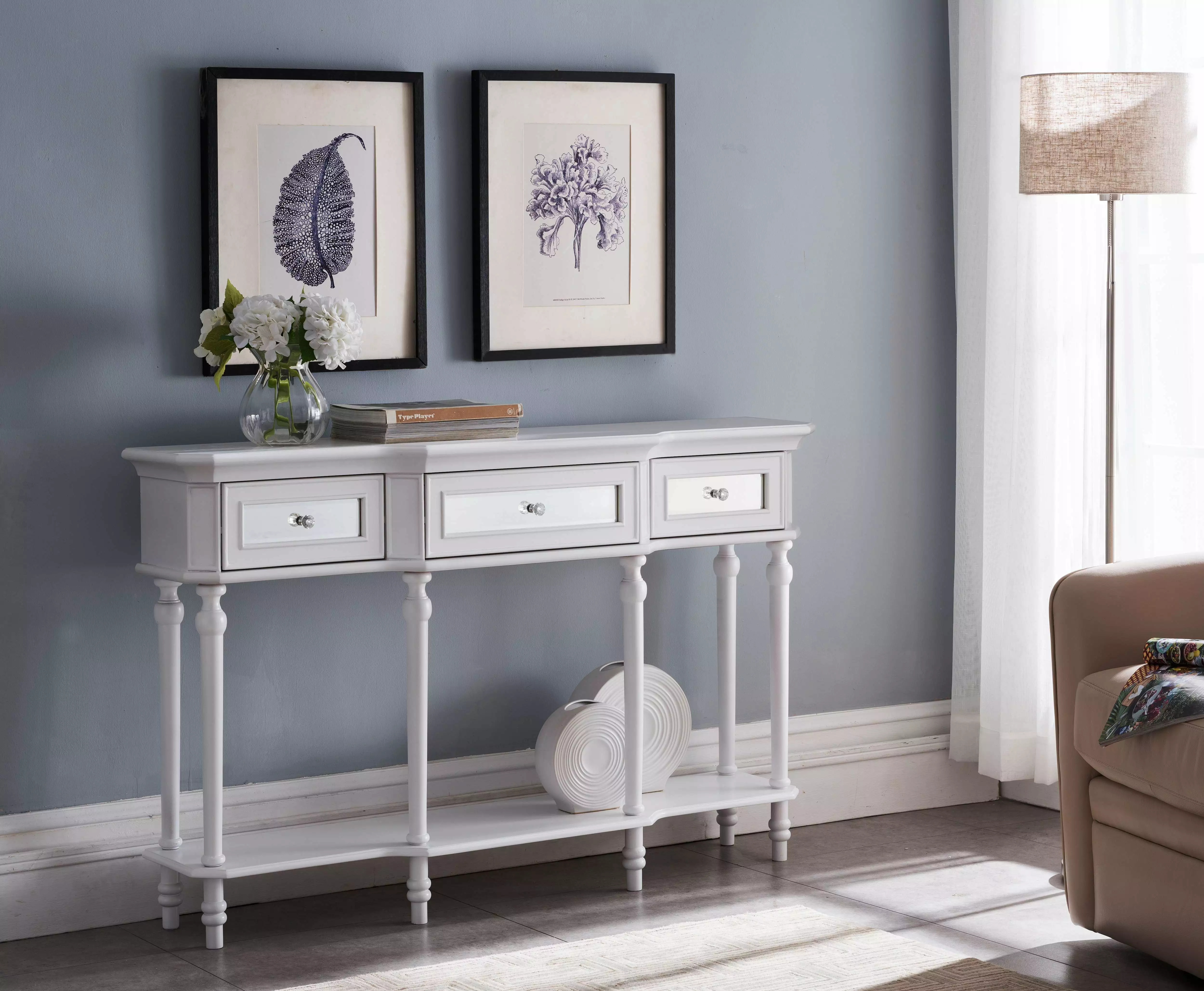 Kings Brand Furniture Modern White Console Table Mirrored Drawers and Shelf Console