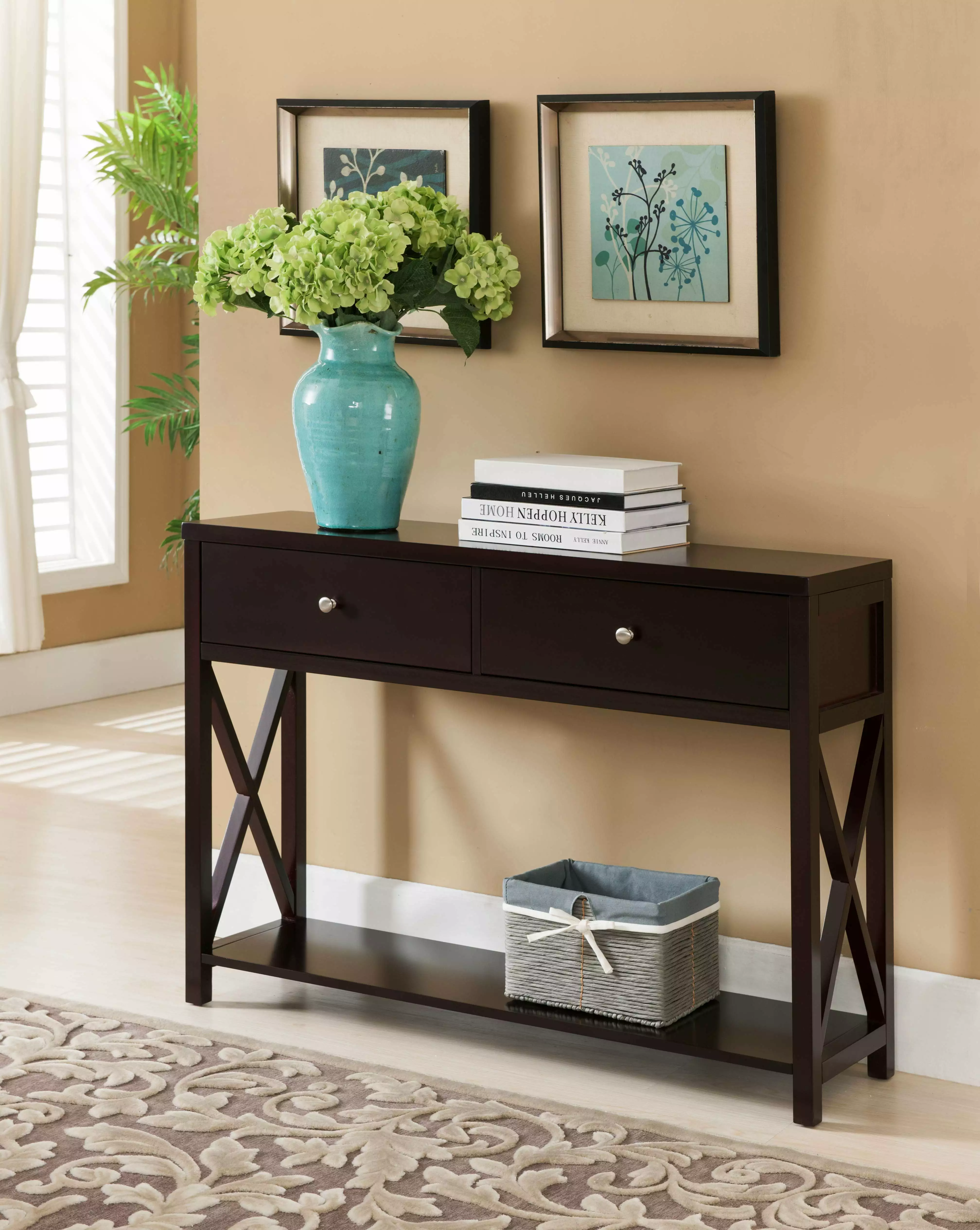 Kings Brand Furniture Wood Console Entryway Table 2 Drawers Lower Shelf Cherry Console