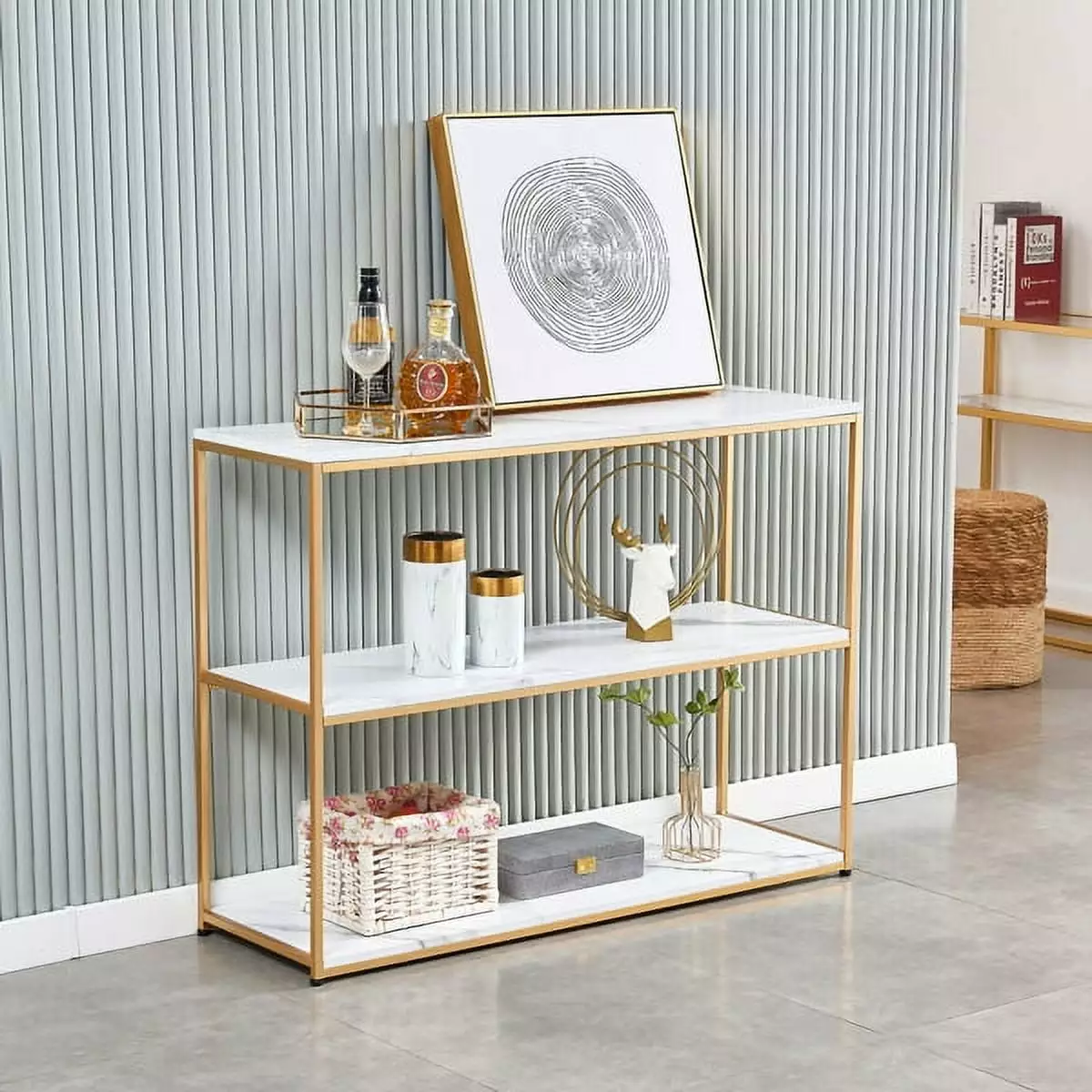 Knocbel 3-Tier Gold White Console Table Faux Marble Top Living Room Entryway Console