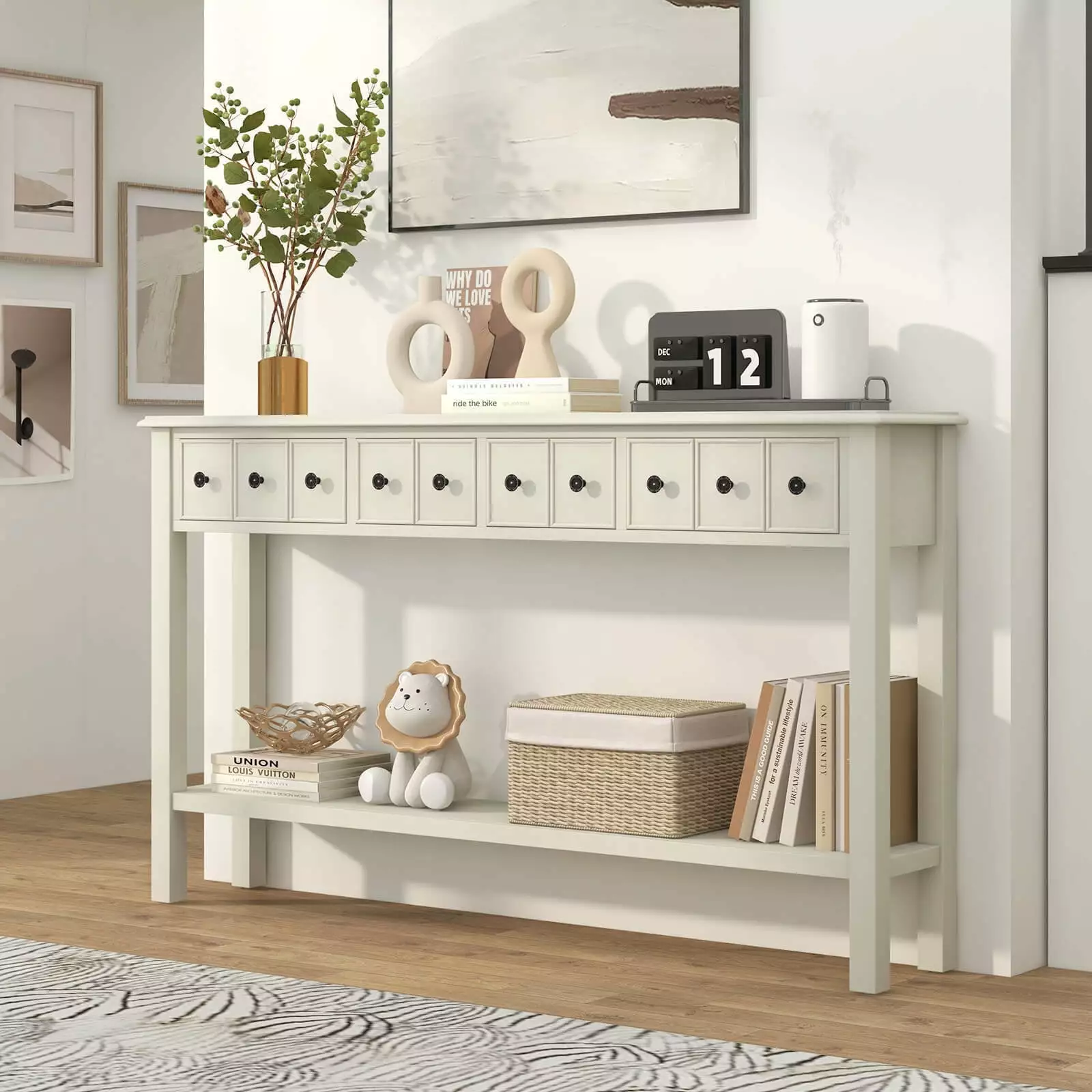 Laicejoy 60 Inch Console Table Retro Entryway Sofa Table 4 Drawers and Open Shelf Hallway Console