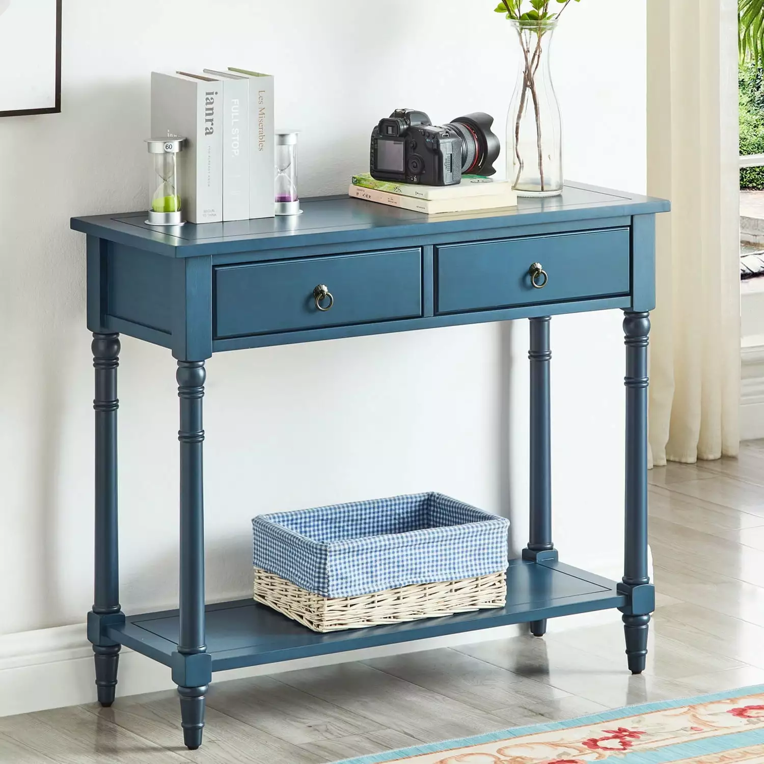 MCPRST Console Table Drawers Modern Wood Entryway Table Living Room Blue Console