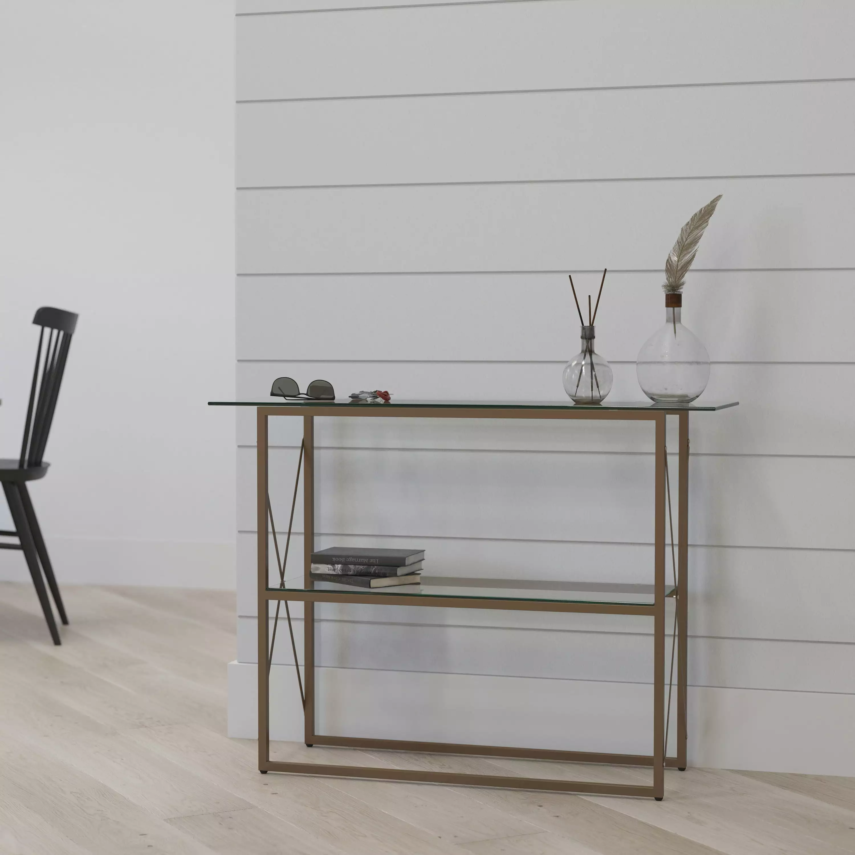 Merrick Lane Modern Clear Glass Console Table Gold Crisscross Frame and 2 Shelves Console