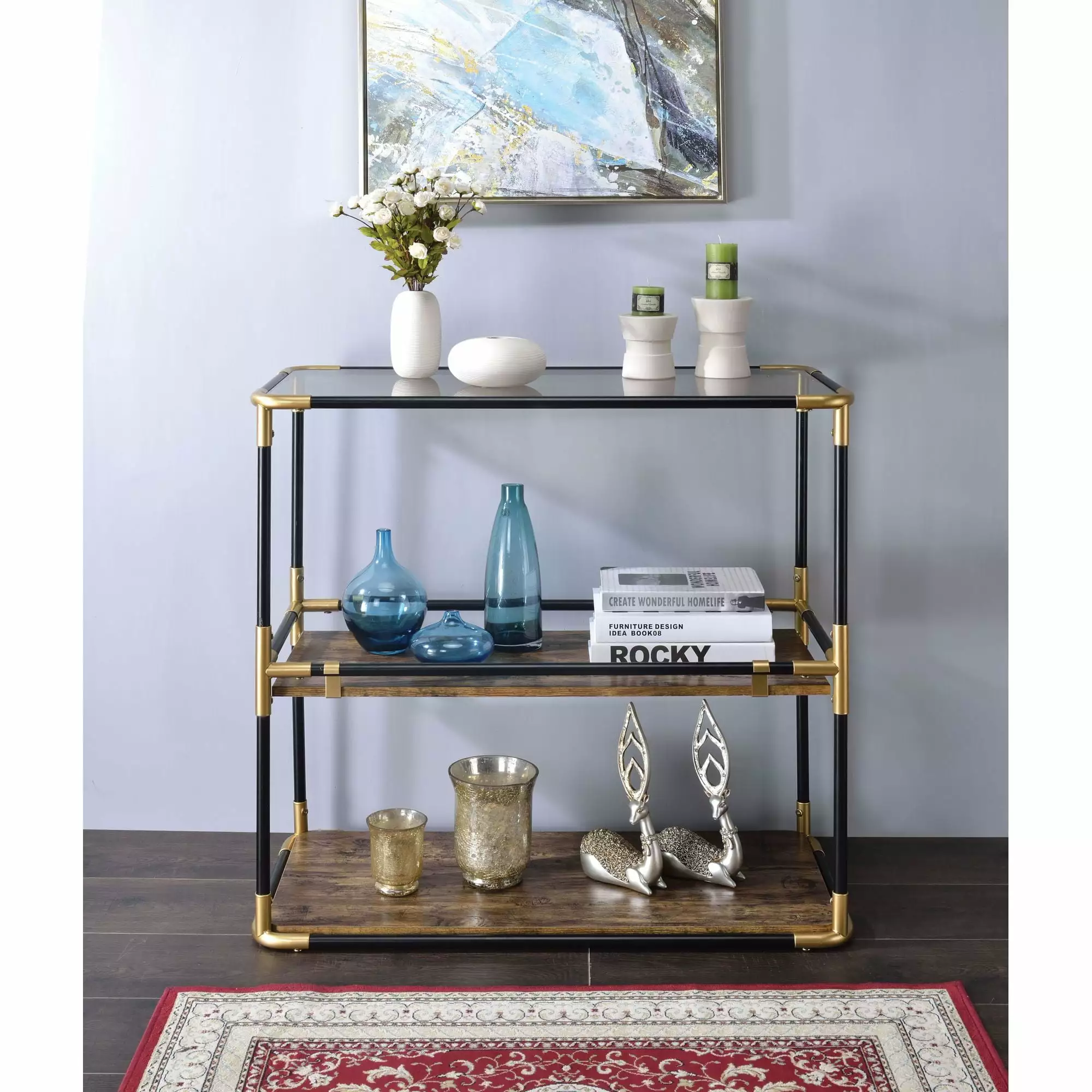 Miekor Furniture Heleris Console Table Black/Gold & Smoky Glass - Modern Accent Table Console