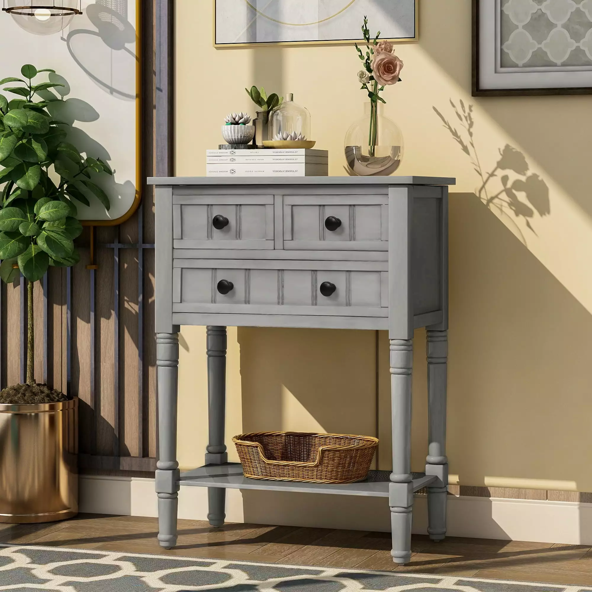 Narrow Console Table Slim Sofa Table Three Storage Drawers and Bottom Shelf Gray Wash Living Room Console Miekor