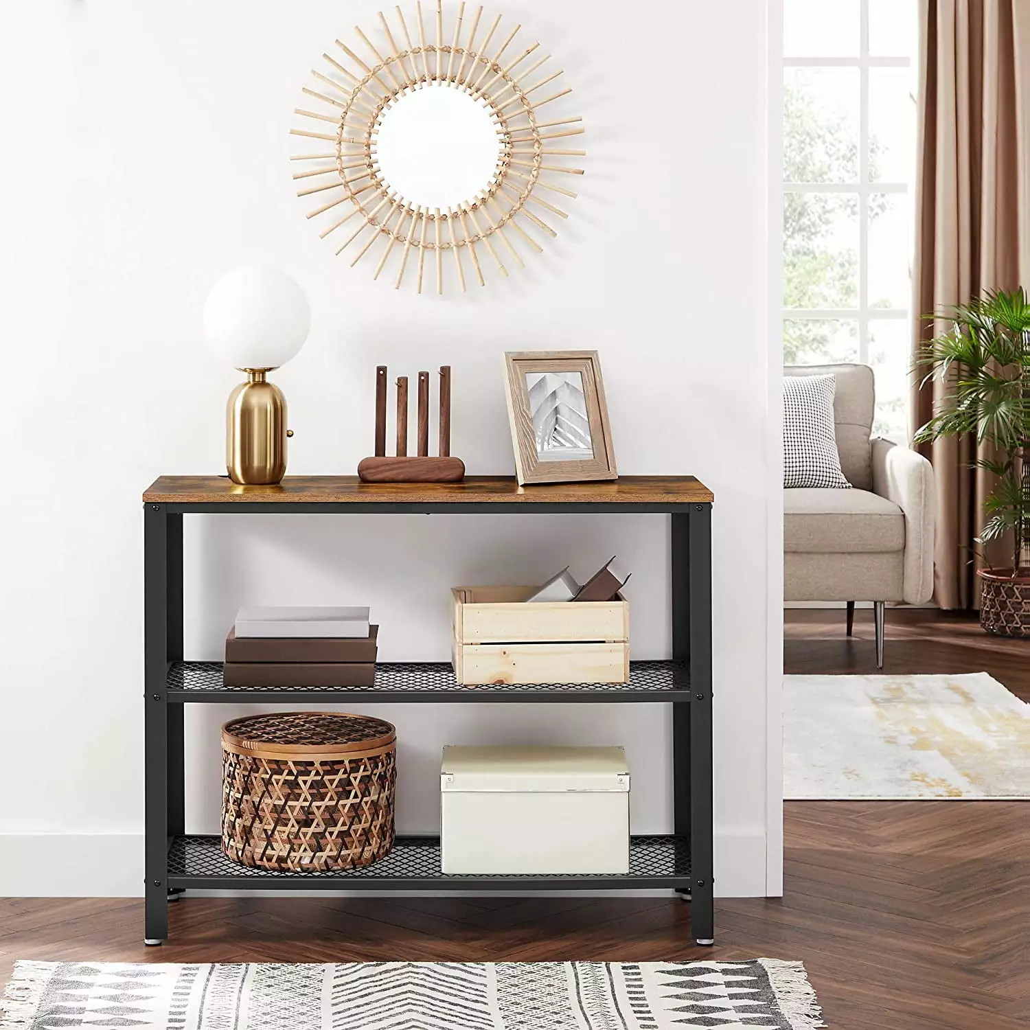 MOBICIA Industrial Console Table Brown and Black - Steel Rustic Sideboard Mesh Shelves Console