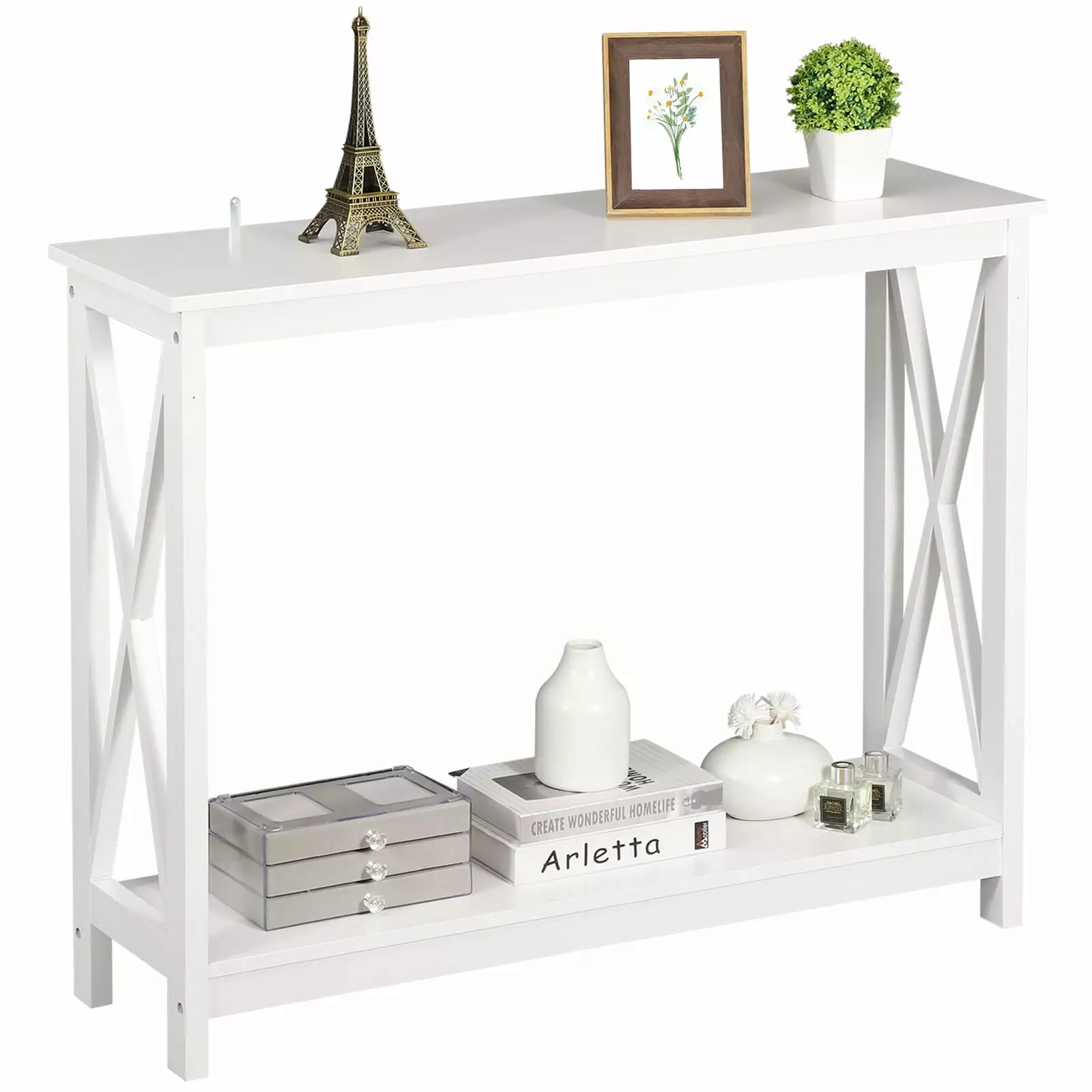 39 Inch Console Table 2-Tier Entryway Table X-Design Sofa Accent Side Table White Console NOBRAND
