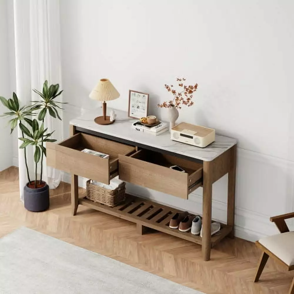 47 Inch Modern Farmhouse Double Drawers Console Table Tobacco Wood and White Marble Texture - Entryway Decor Console Onuobao