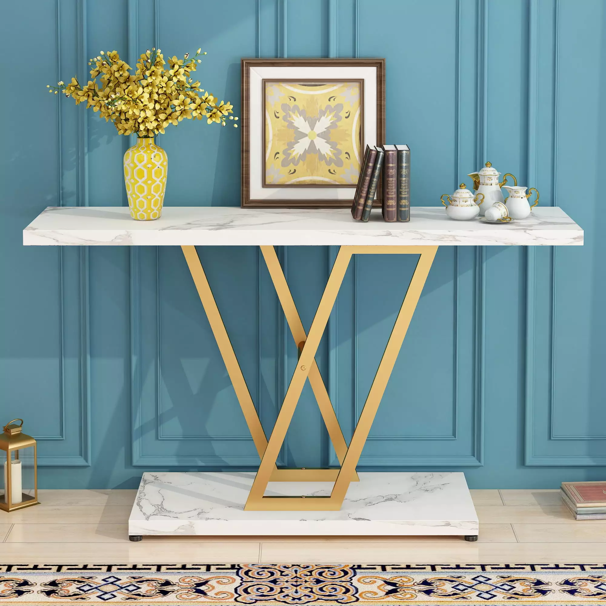 Oufan 42 Inch Industrial Console Table Gold Metal Frame Entryway Living Room Console