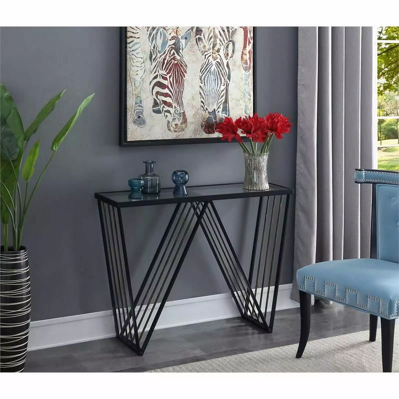 Pemberly Row Contemporary Black Metal Console Table Clear Glass Shelf - Modern Living Room Furniture Console