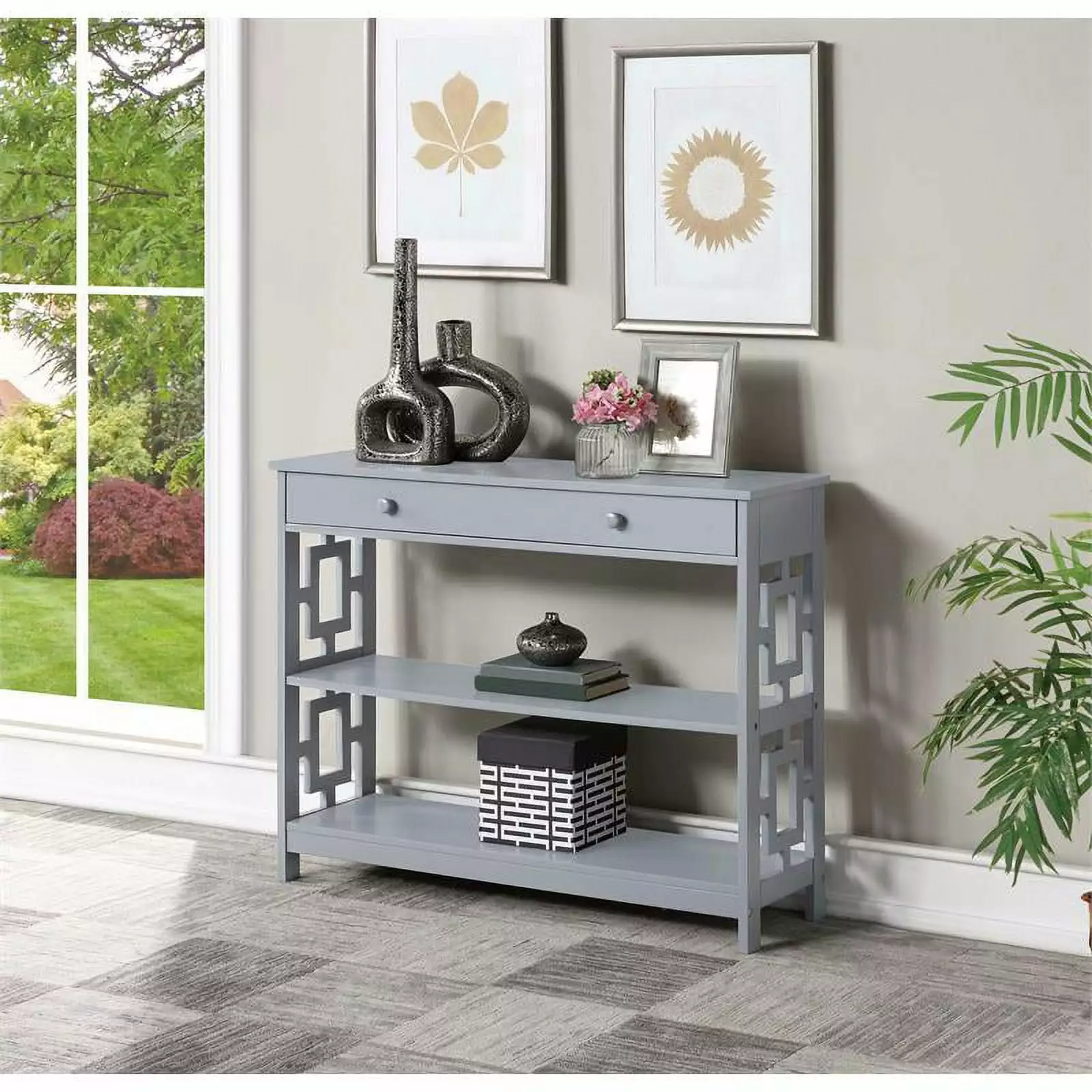 Pemberly Row Contemporary Gray Wood Finish One-Drawer Console Table Entryway Living Room Console
