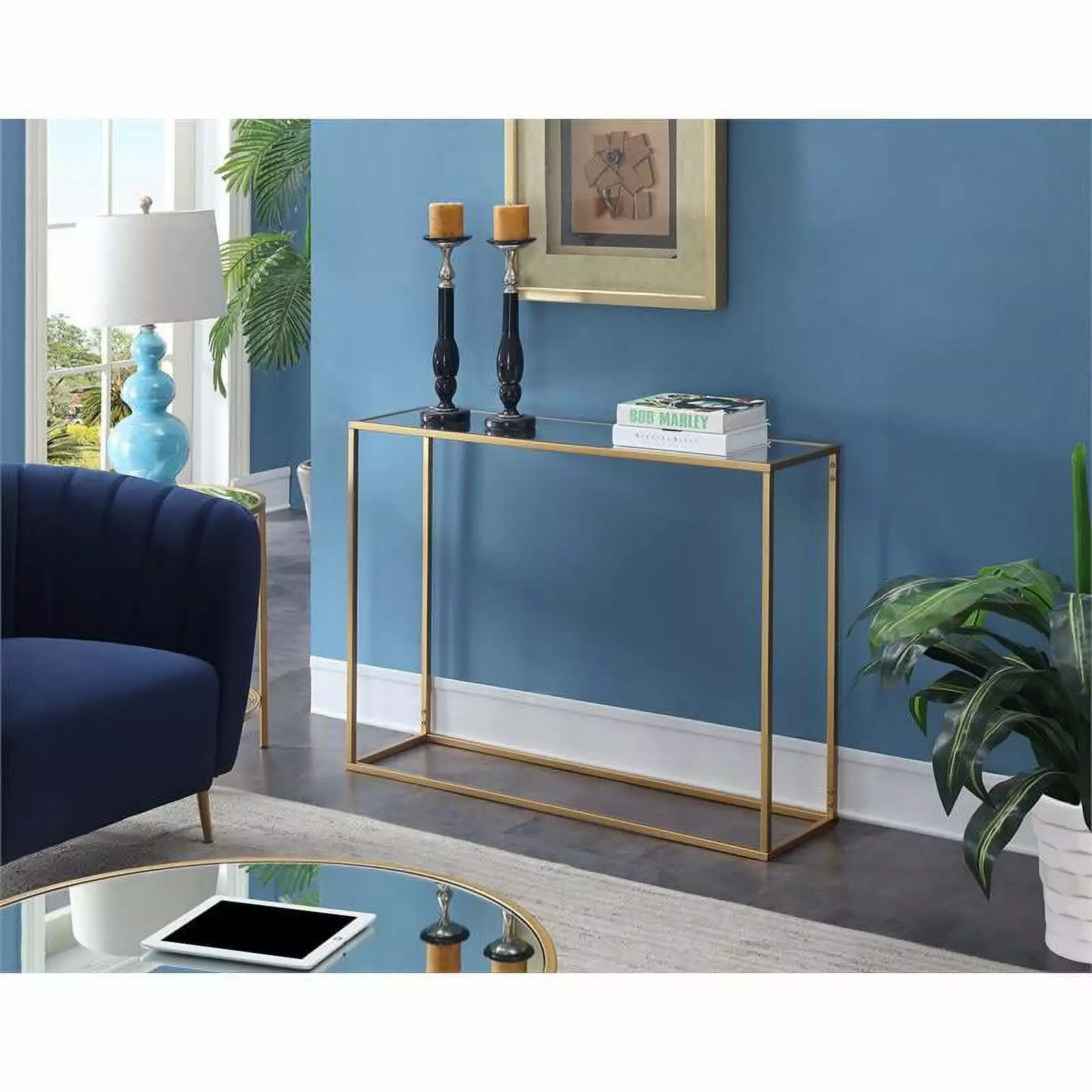 Pemberly Row Contemporary Mirrored Glass Console Table Gold Metal Frame Console