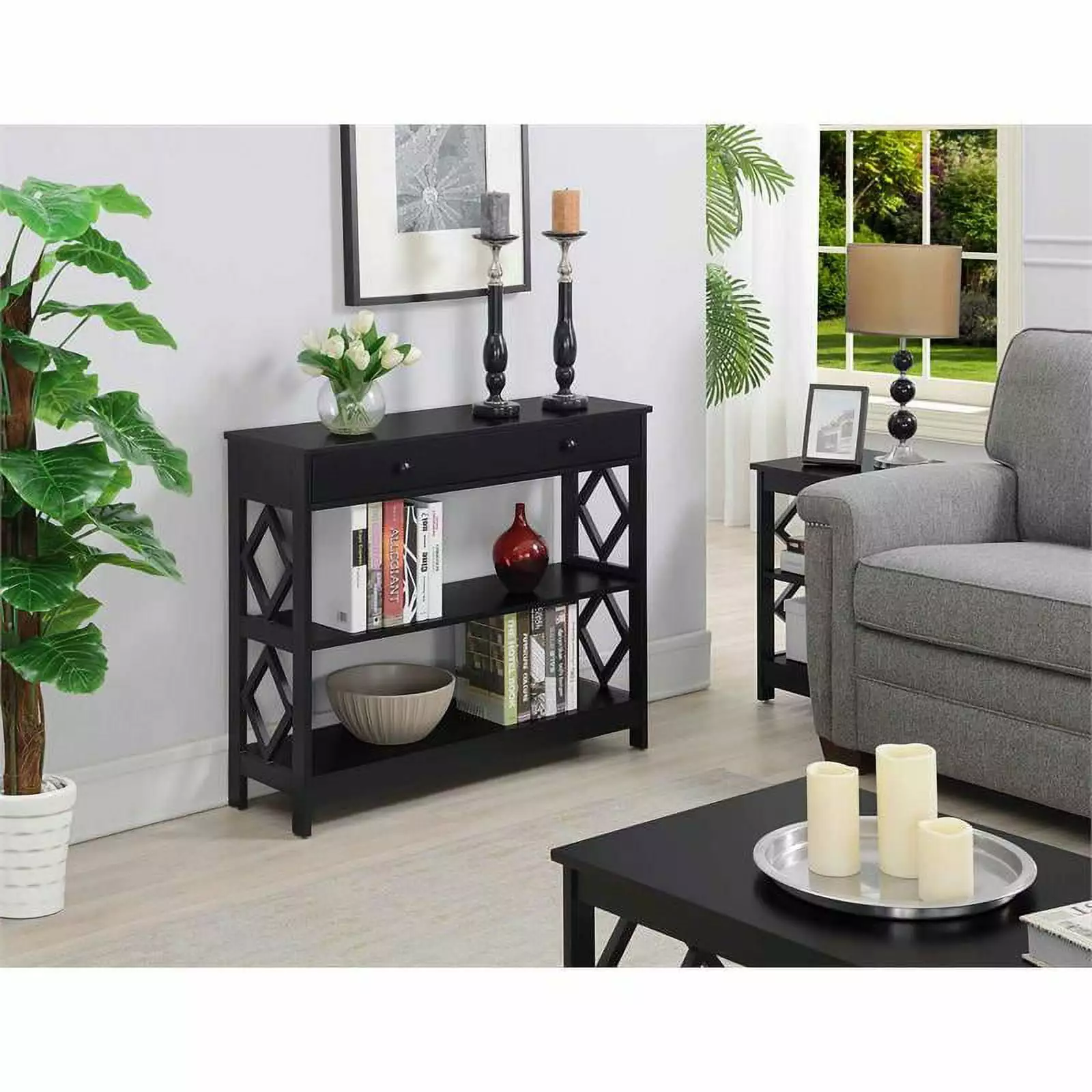 Pemberly Row Contemporary One-Drawer Console Table Black Wood Finish - Modern Entryway Furniture Console