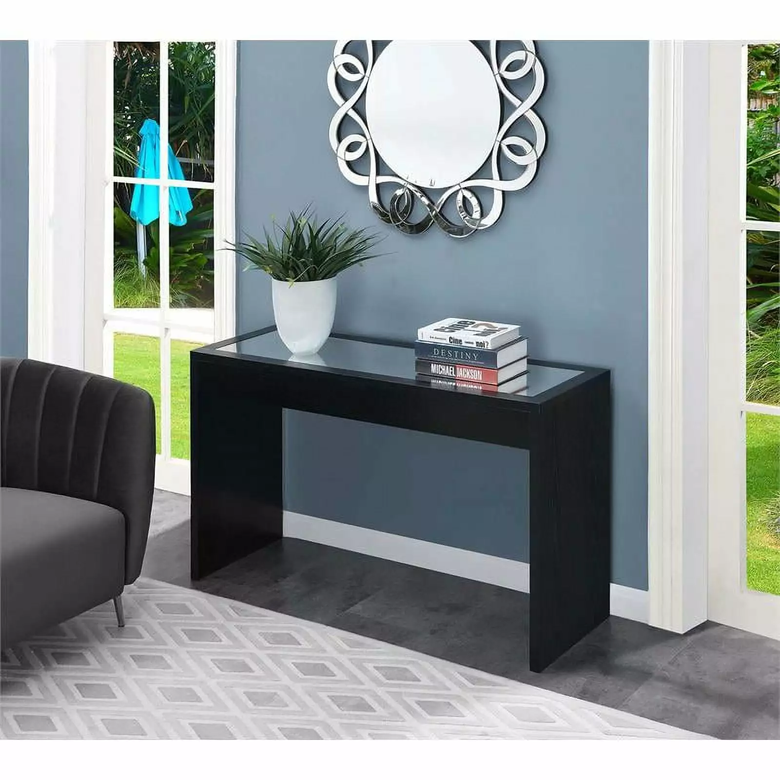 Pemberly Row Transitional Mirrored Console Table Black Wood Finish - Elegant Entryway Furniture Console