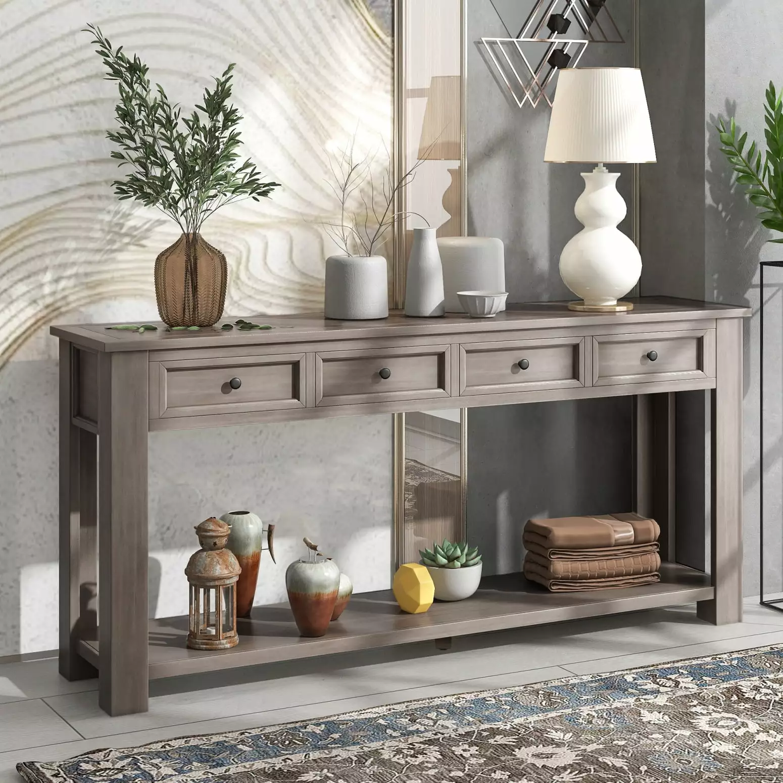 Gray Wash Solid Wood Console Table Drawers and Bottom Shelf Rustic Chic Entryway Sofa Table Console Ponnky